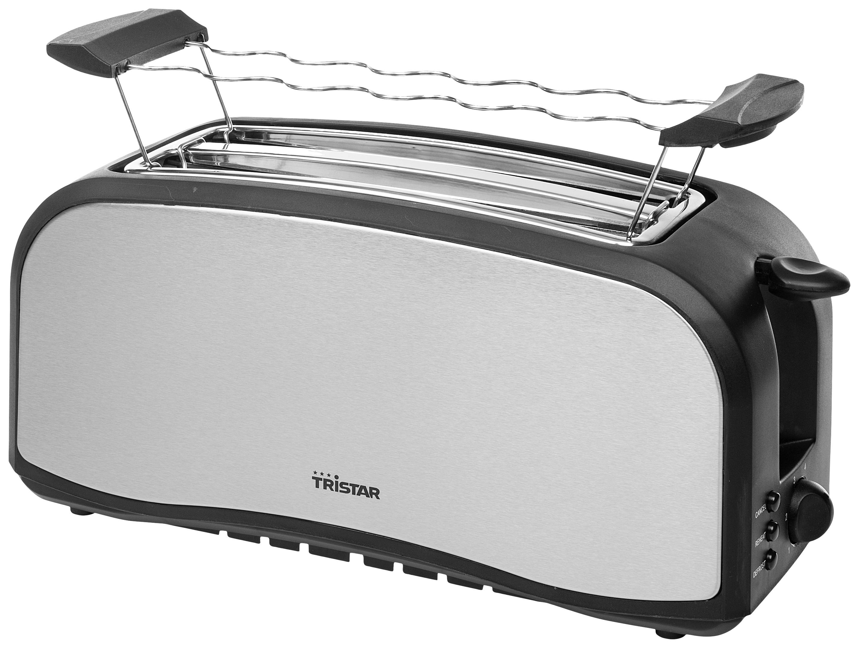 Ein langer, silberner Toaster mit einem schwarzen Rand und zwei Toastfächern, Markenname 'Tristar' unten mittig sichtbar.