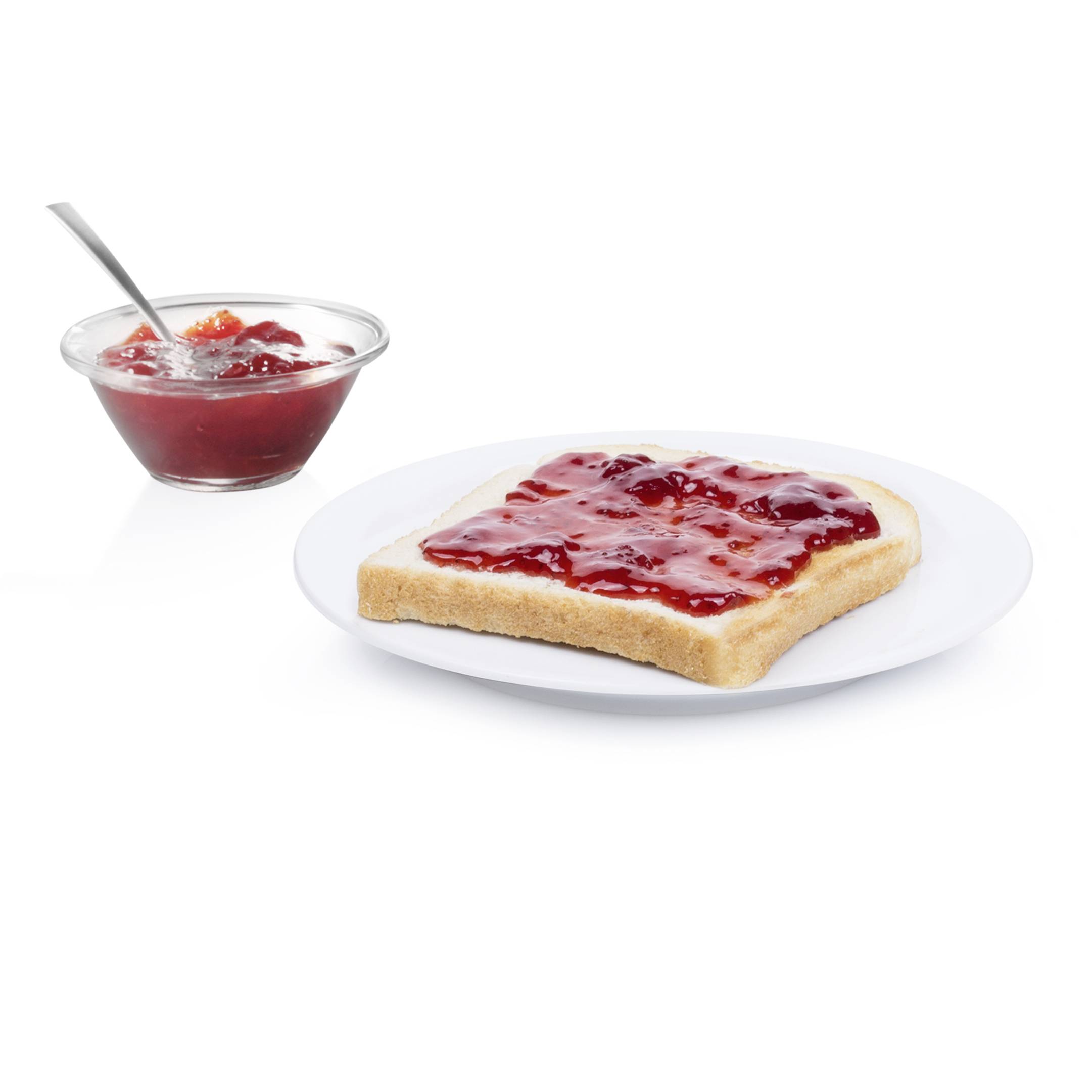 Ein Teller mit einer Scheibe Toast, bestrichen mit roter Marmelade. Daneben steht eine Schale mit weiterer Marmelade und einem Löffel.