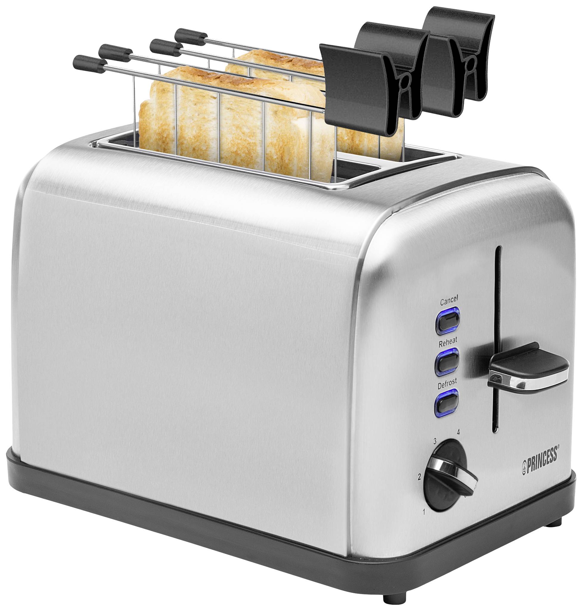 Silberner Toaster mit zwei Schlitzen, Brotscheiben darüber in einem Halter. Drei blaue Knöpfe: Abbrechen, Aufwärmen, Auftauen.