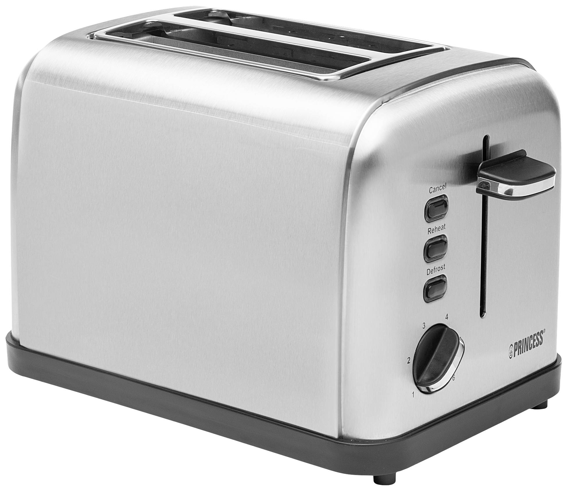 Ein silberner Toaster mit zwei Toastschlitzen und seitlichen Bedienelementen für 'Cancel', 'Reheat' und 'Defrost' sowie einem Bräunungsregler.
