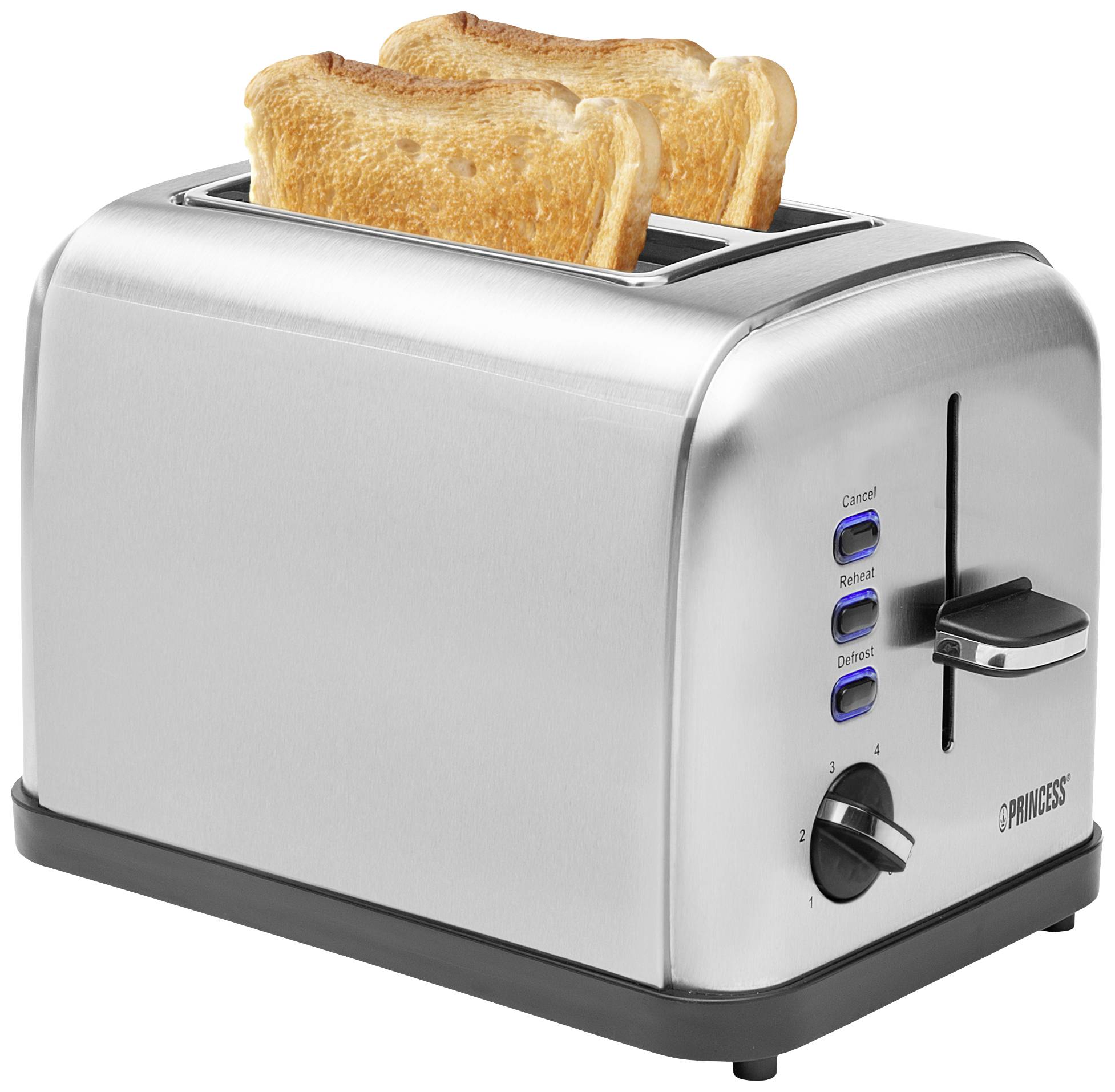Ein silberner Toaster mit zwei Scheiben Toast, drei Knöpfen an der Seite und einem Hebel zum Einstellen der Bräunungsstufe.
