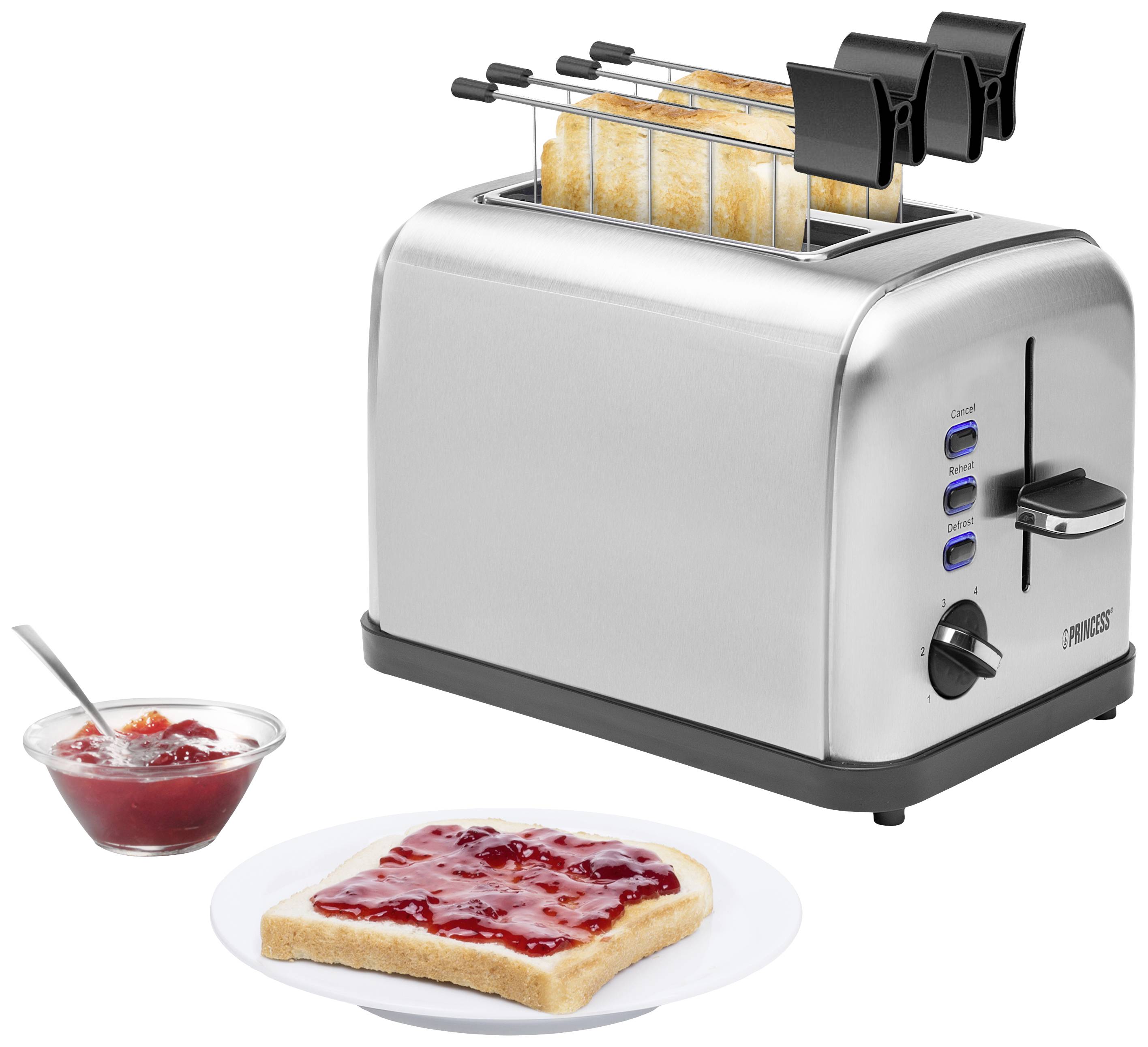 Ein Toaster mit zwei Scheiben Brot, neben einer Scheibe Toast mit roter Marmelade auf einem Teller und einem Schälchen Marmelade.