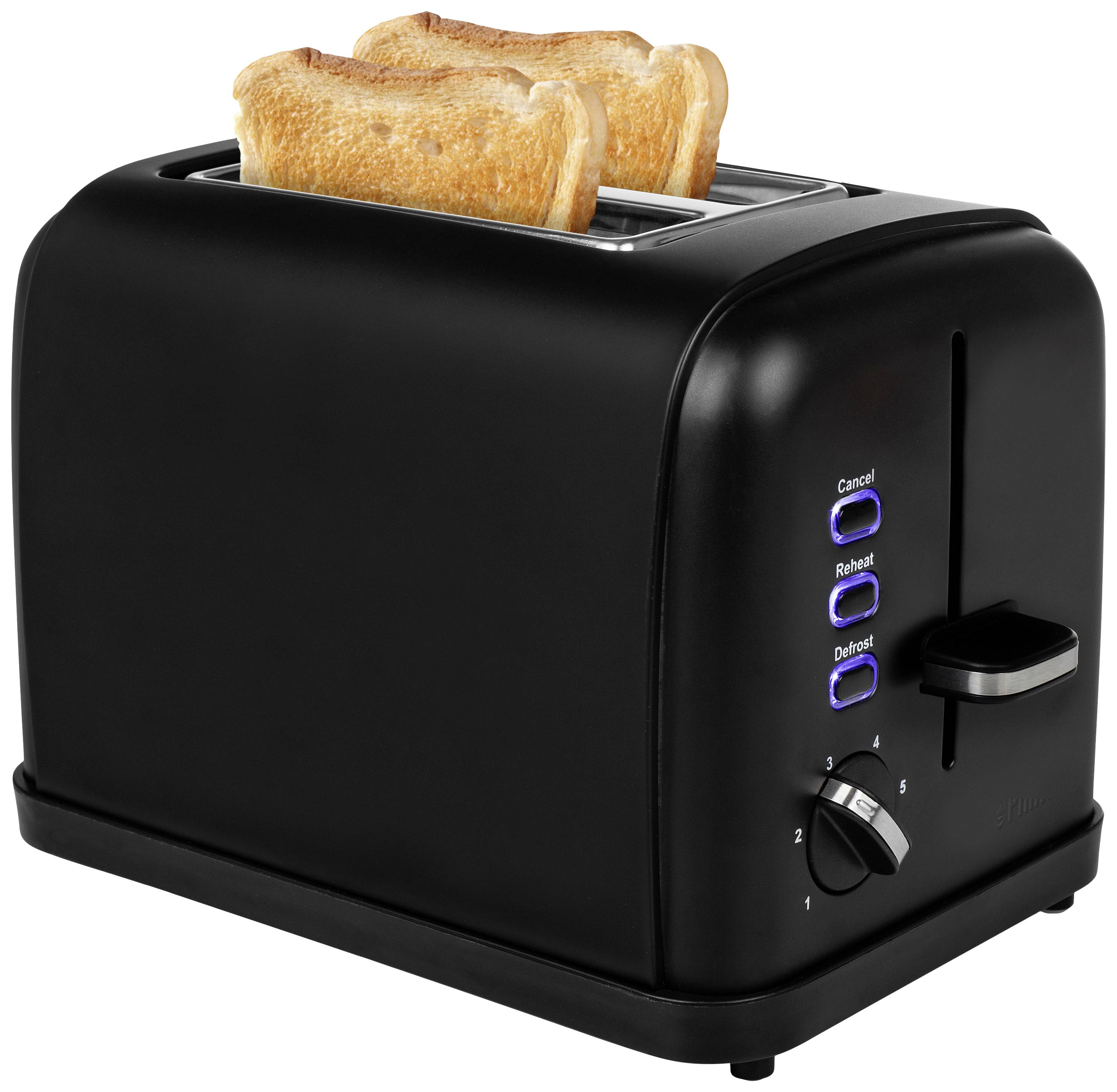 Schwarzer Toaster mit zwei goldbraunen Toastscheiben, Drehknopf zur Einstellung der Bräunung, blaue Funktionstasten an der Seite.