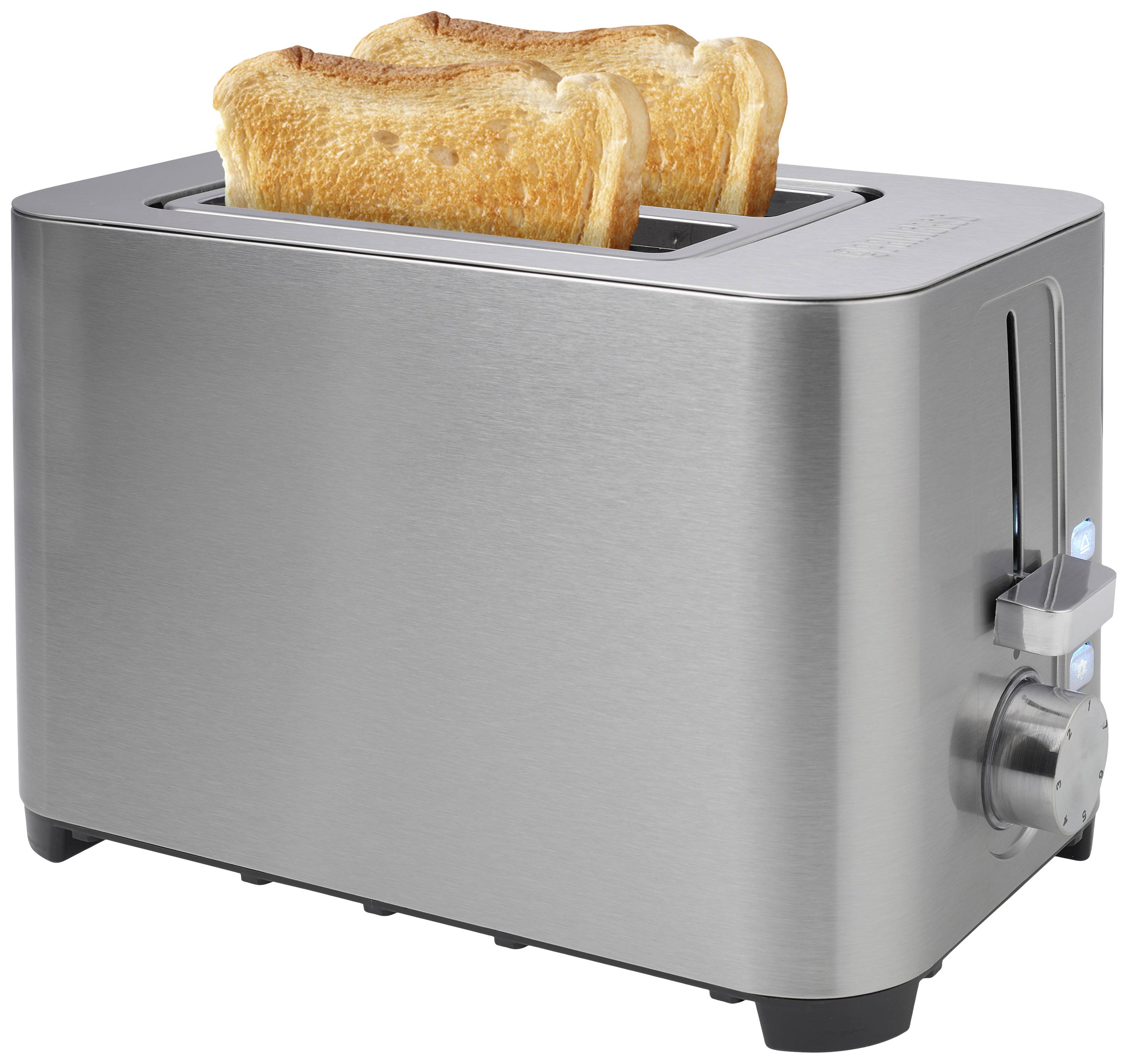Ein silberner Toaster mit zwei Scheiben goldbraunem Toast. Auf der rechten Seite sind Knöpfe und ein Drehregler sichtbar.