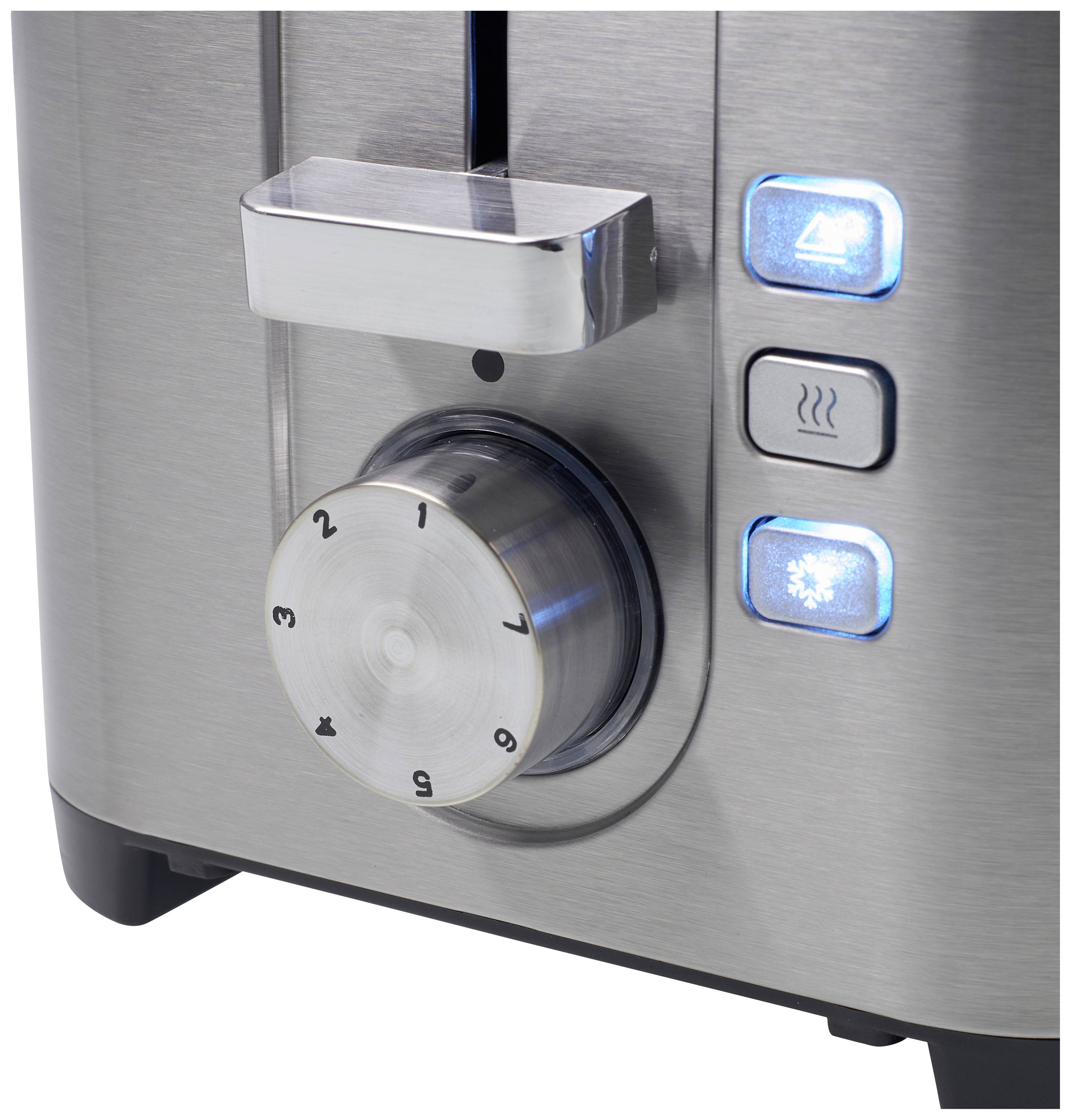 Nahaufnahme eines Edelstahl-Toasters mit Drehknopf für Hitzestufen von 1 bis 9 und beleuchteten Tasten für Auftauen und Aufwärmen.