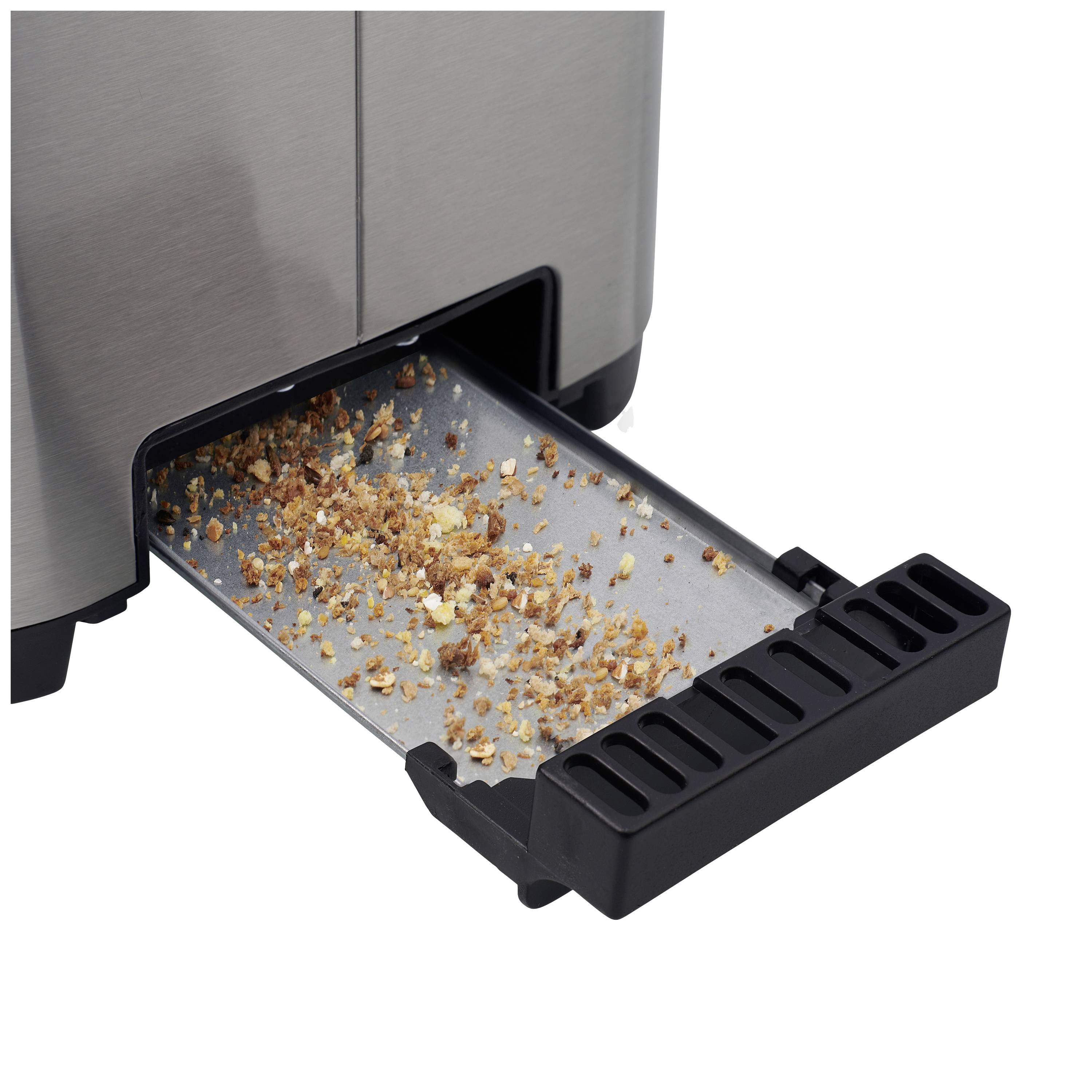 Ein Toaster mit herausgezogener Krümelschublade, die mit Brotkrümeln gefüllt ist.