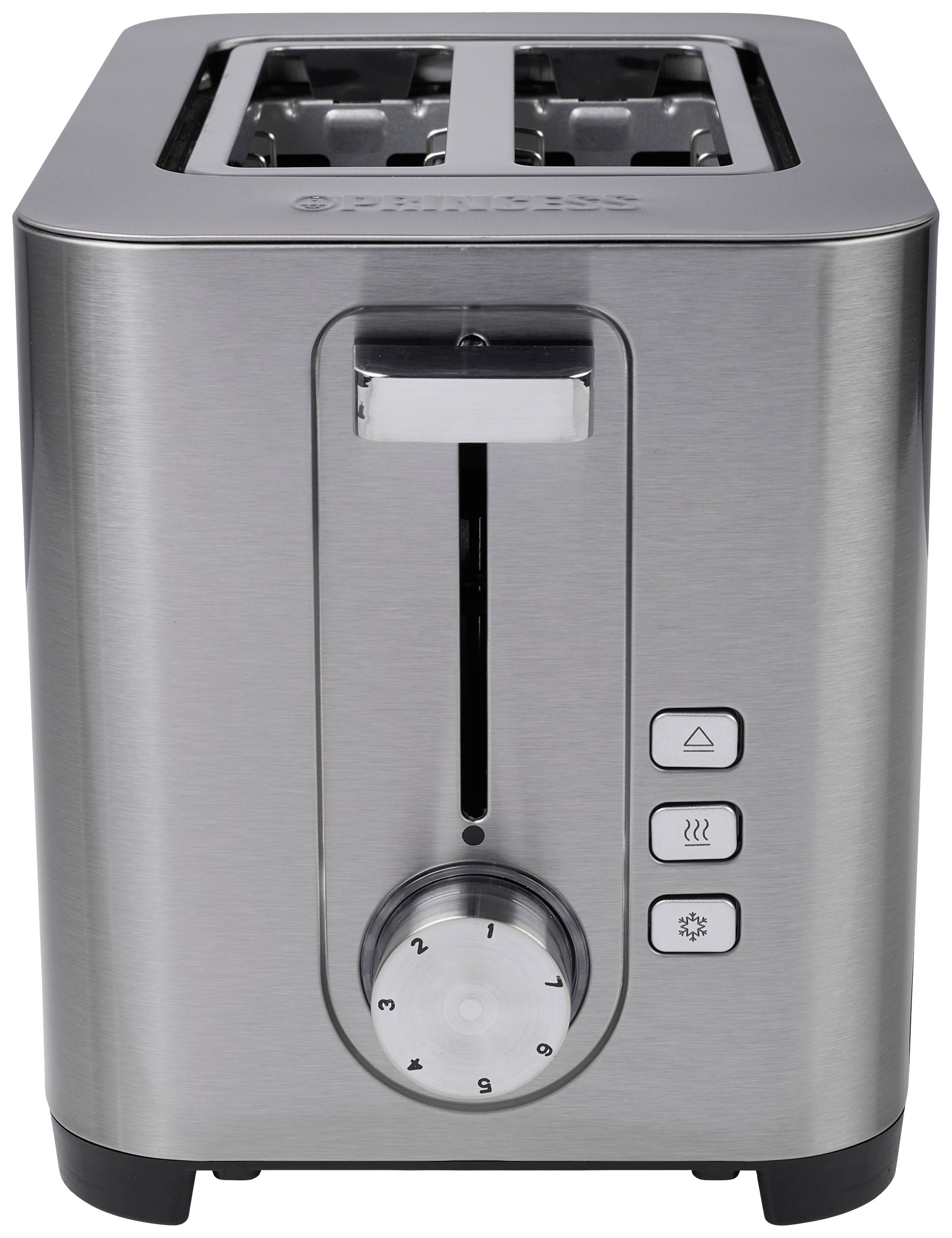 Stahl-Toaster mit zwei Schlitzen, Drehregler für Bräunungsgrad und drei Tasten für Aufwärmen, Auftauen und Stoppfunktion.