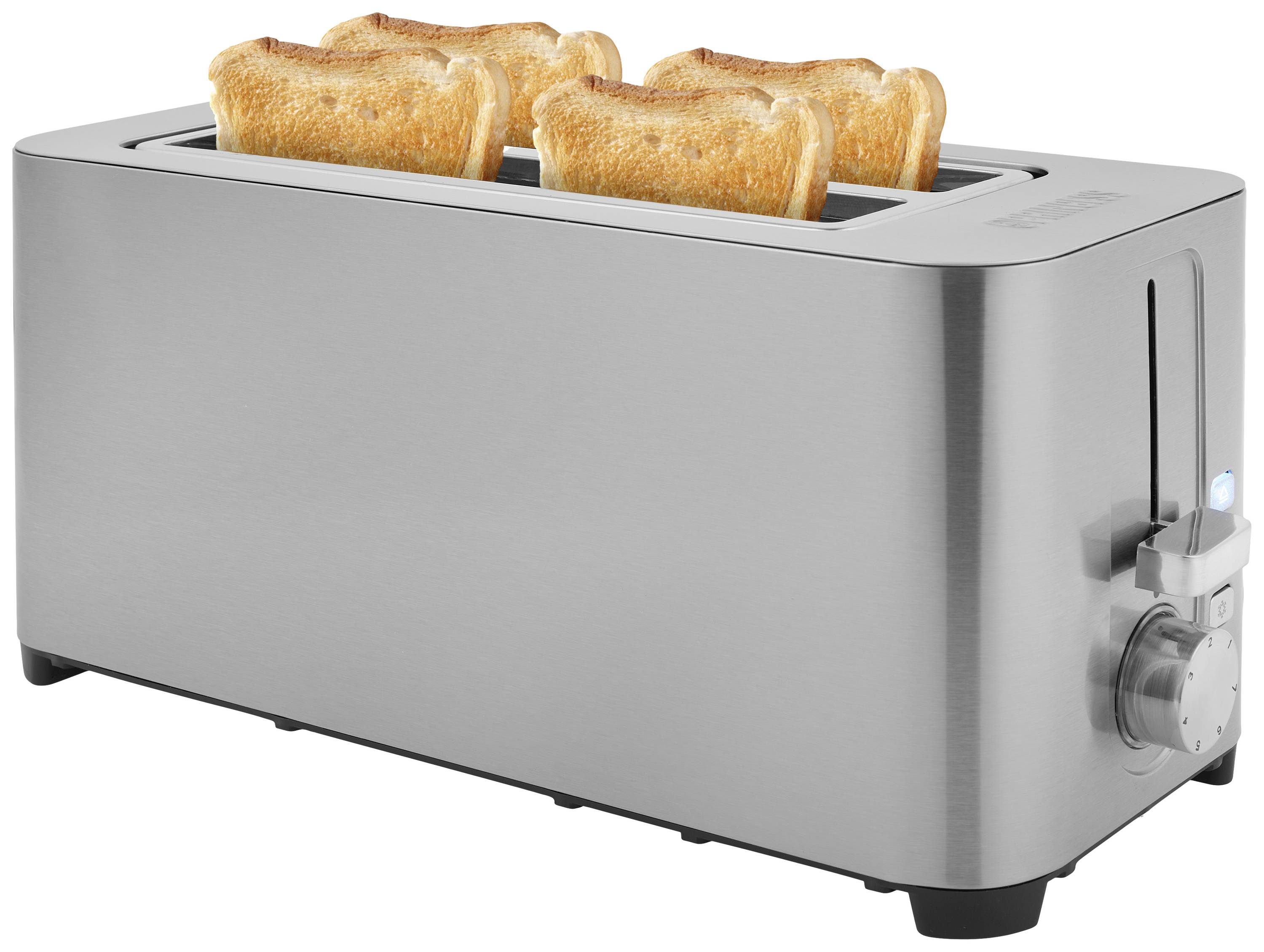 Silberner Toaster mit vier goldbraun getoasteten Brotscheiben.