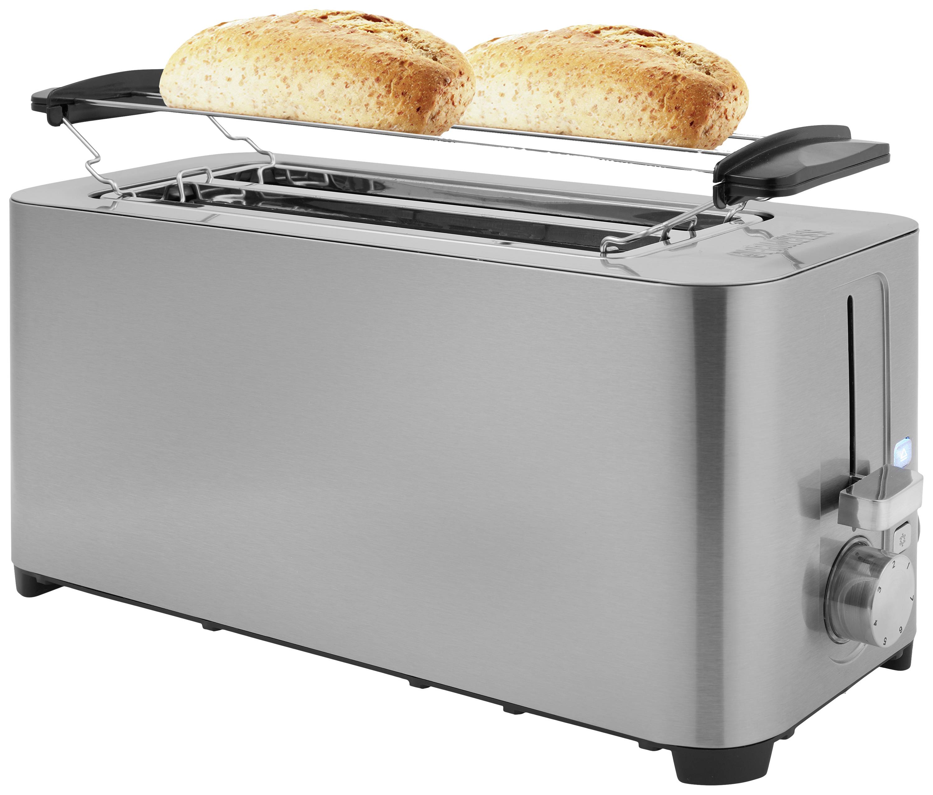 Ein silberner Toaster mit zwei Scheiben geröstetem Brot auf einem Brötchenaufsatz.