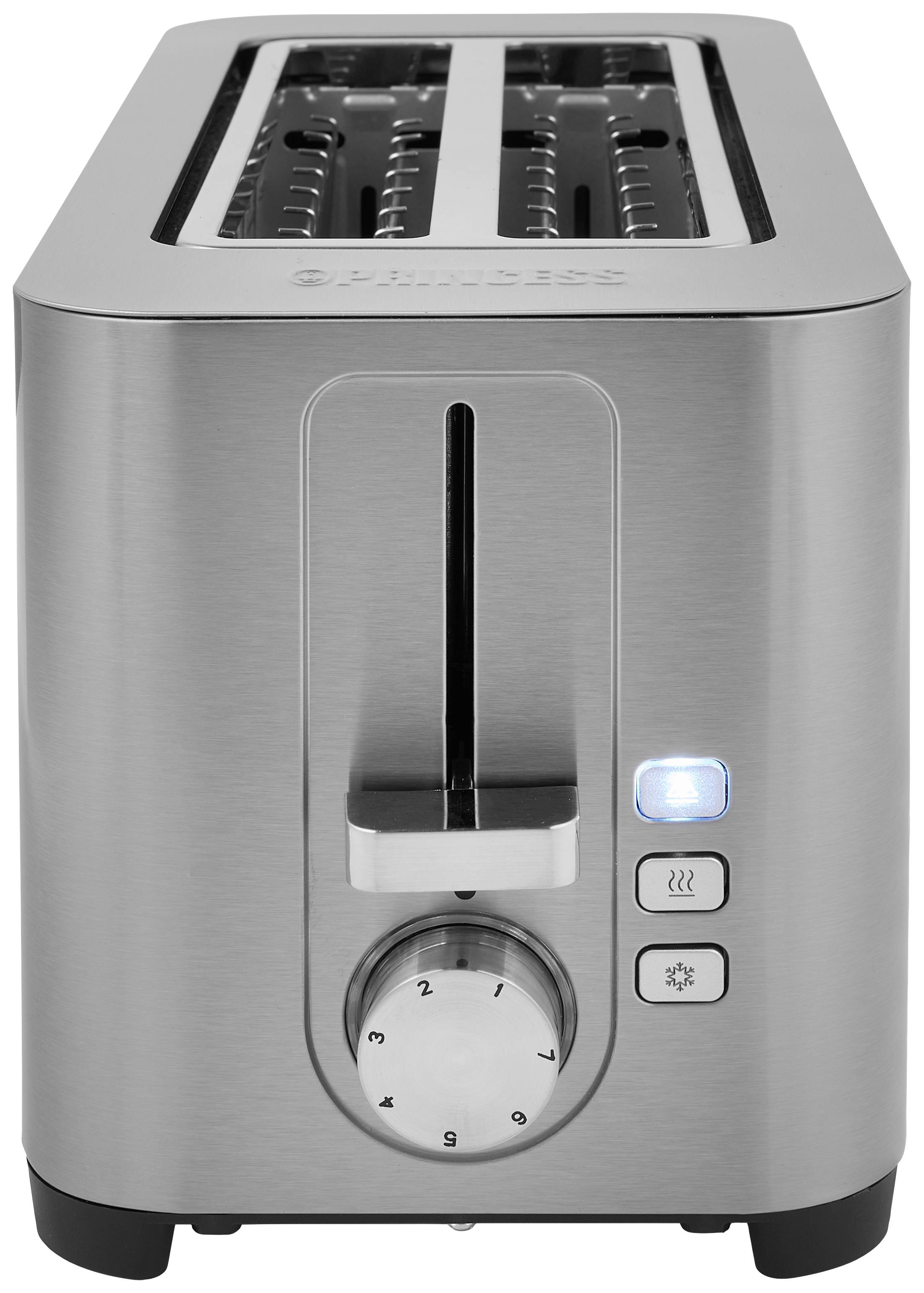Zweischlitz-Toaster aus Edelstahl mit Drehregler zur Einstellung des Bräunungsgrads und Knöpfen für Wiederaufwärmen und Auftauen.