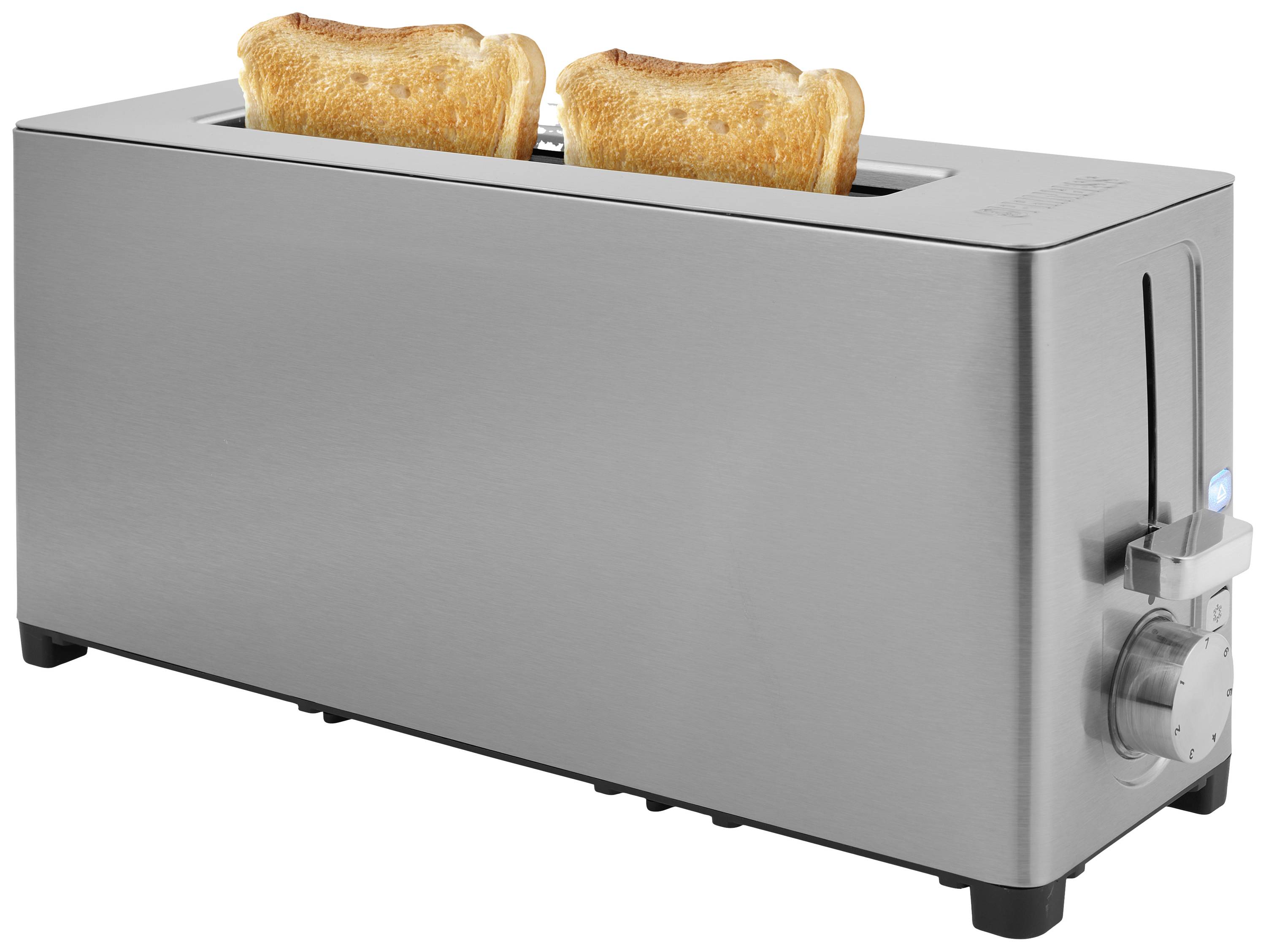 Ein metallener Toaster mit zwei goldbraun getoasteten Brotscheiben.
