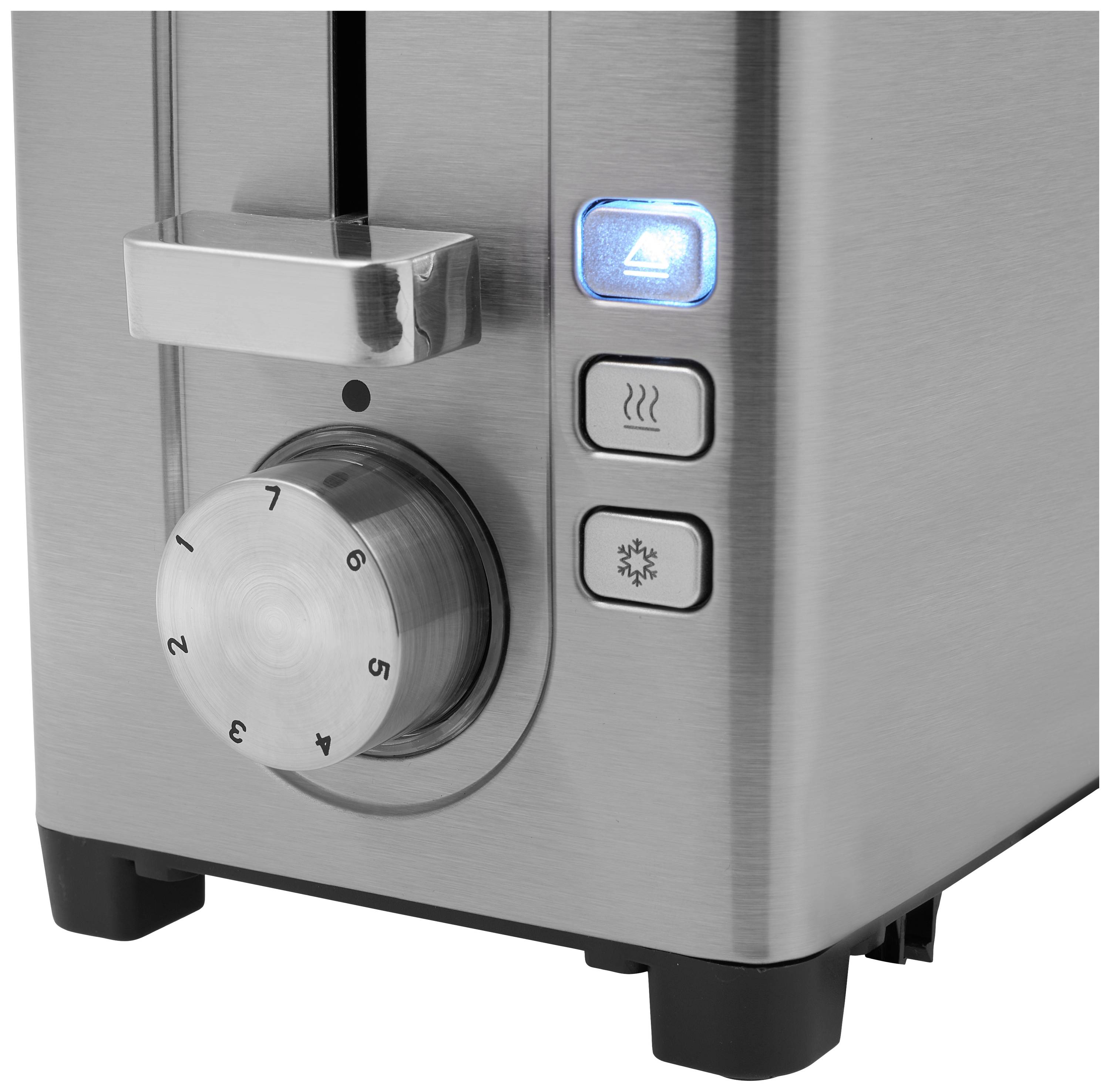 Nahaufnahme eines Edelstahl-Toasters mit Regler und drei Tasten: Auftauen, Aufwärmen und Abbrechen, blaue Beleuchtung bei Betrieb.