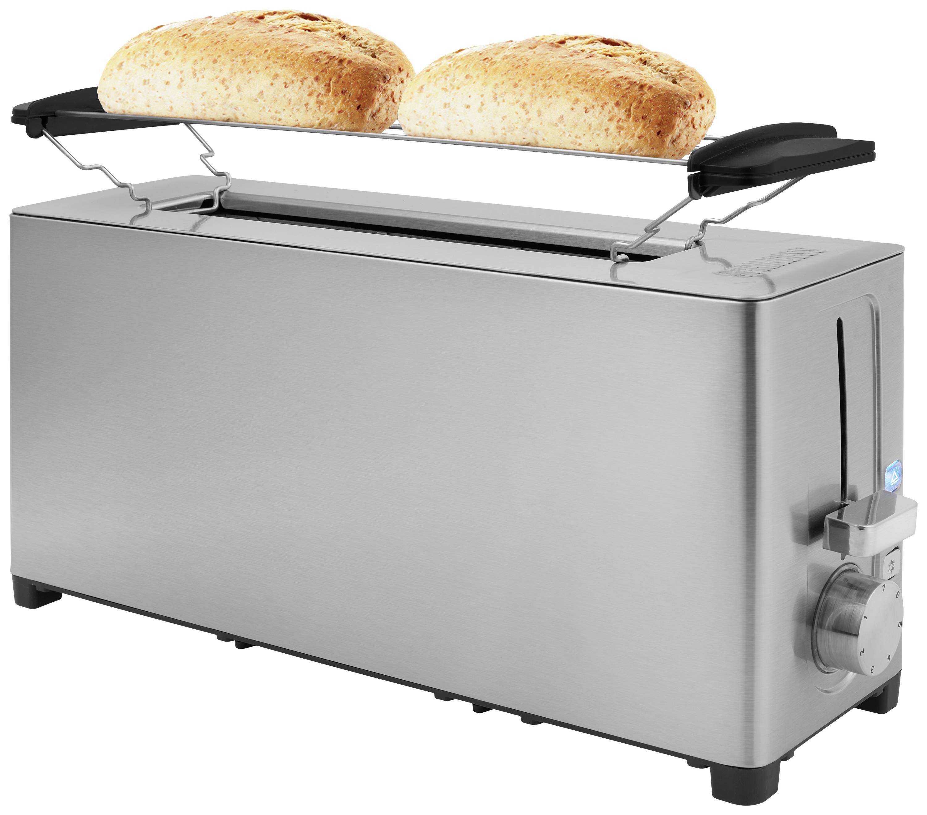 Toaster aus Metall mit zwei aufgesetzten gerösteten Brotscheiben.