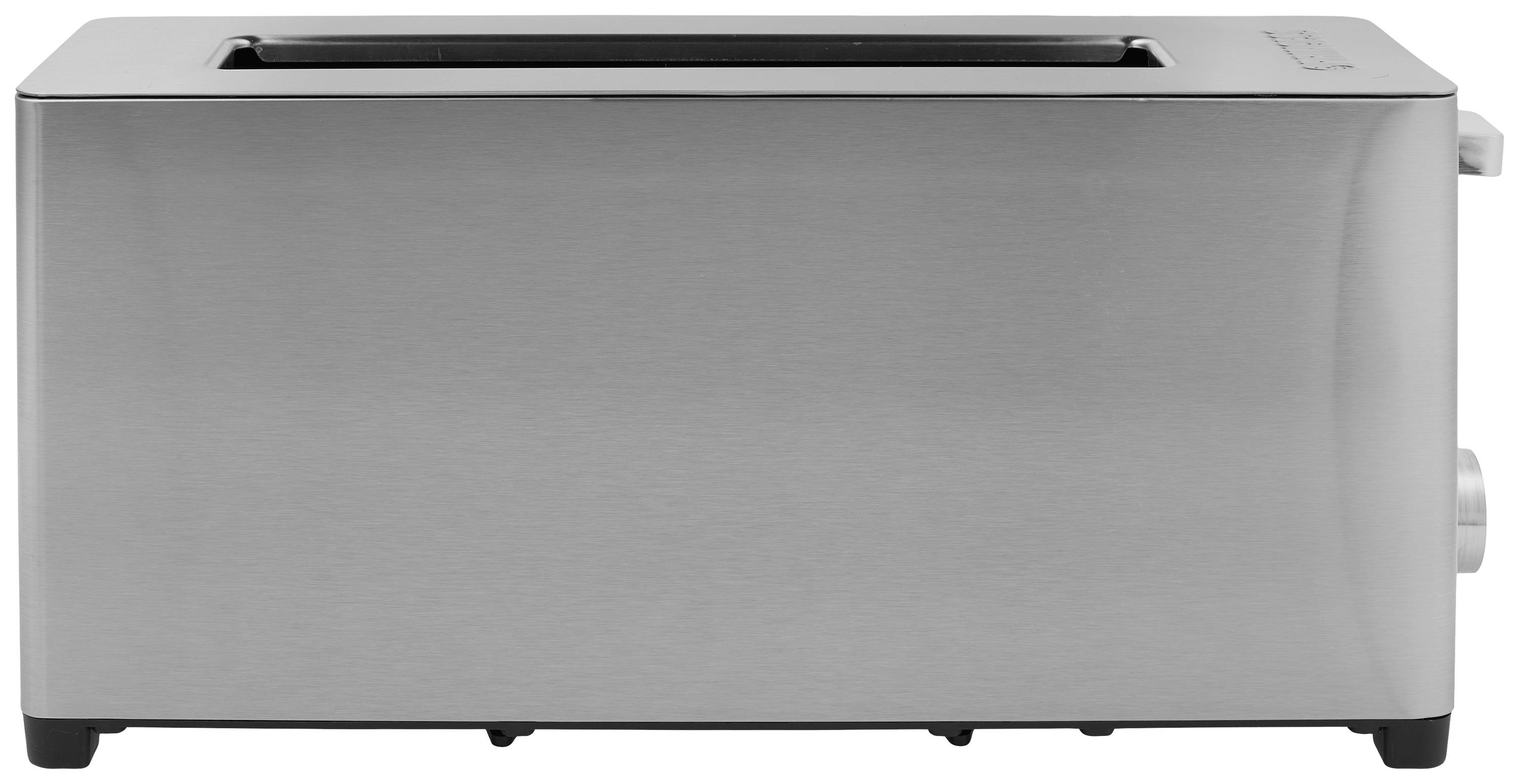 Ein Toaster aus Edelstahl mit zwei breiten Schlitzen für Brot, seitlicher Drehknopf zur Einstellung der Röststufe.