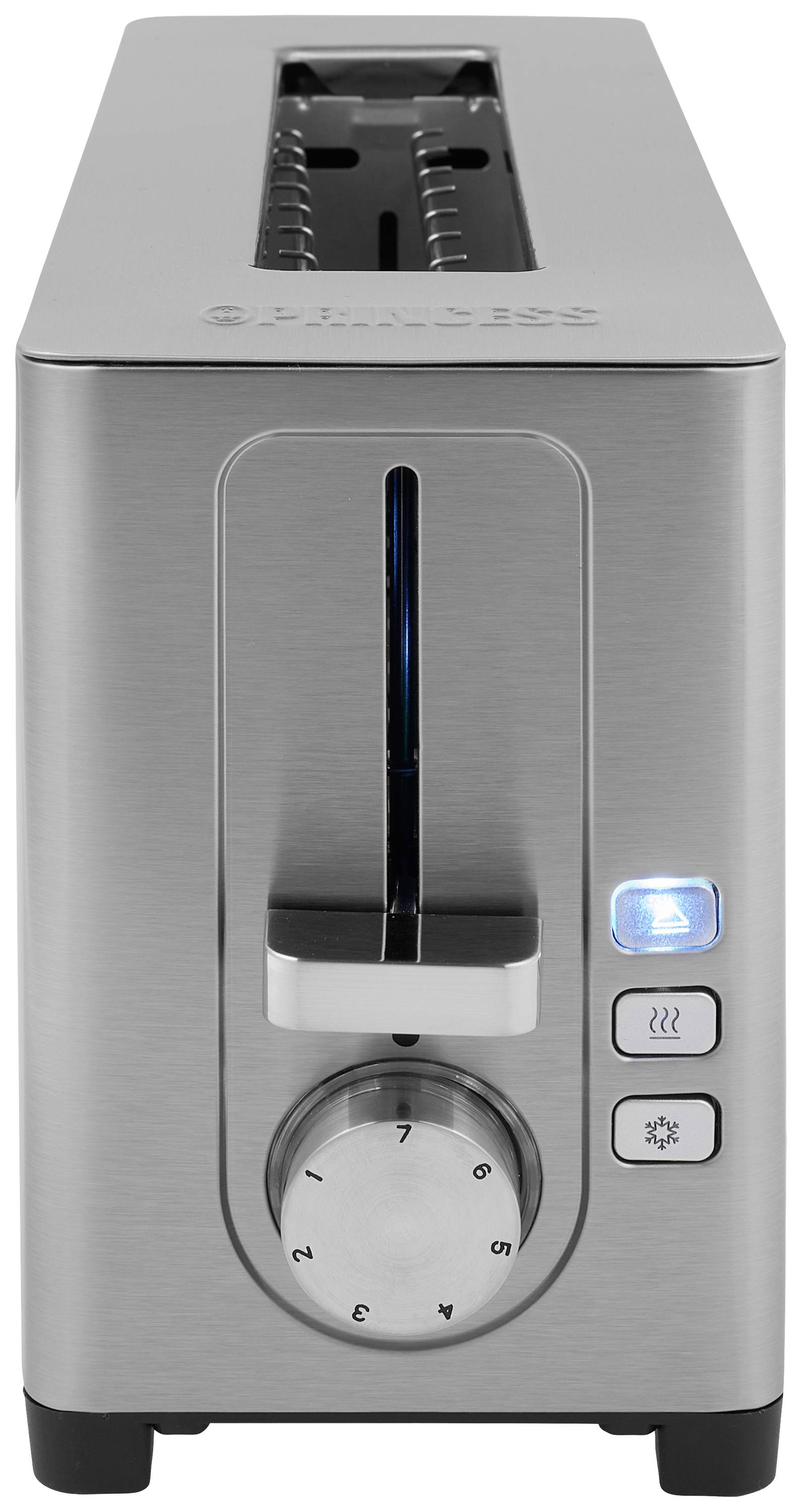 Silberner Langschlitztoaster mit Bräunungsregler, Auftau- und Aufwärmknopf sowie einem blauen Licht, das die Aktivierung anzeigt.