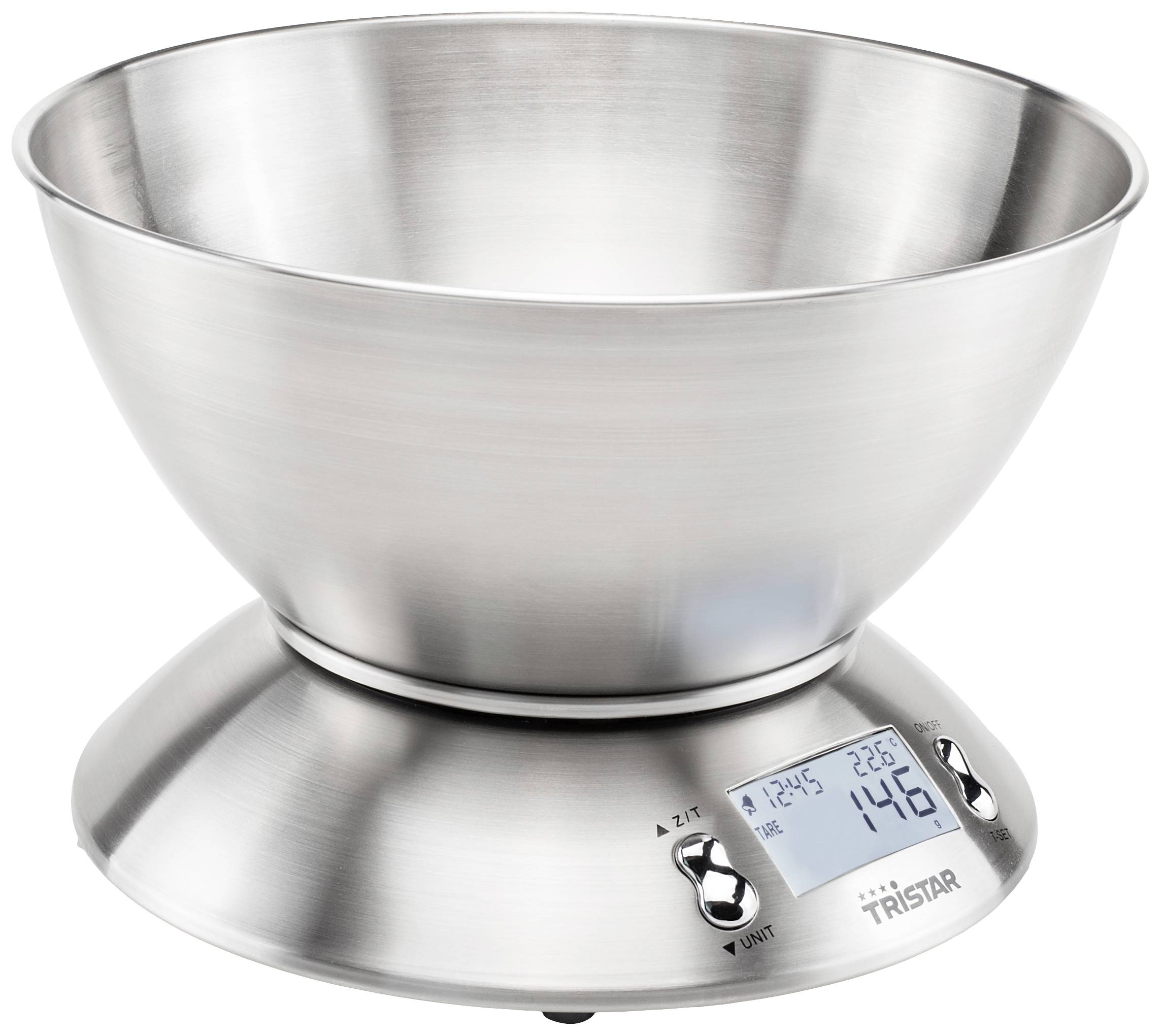 Silberne Küchenwaage mit digitaler Anzeige, zeigt '145 g'. Ideal zum genauen Abwiegen von Zutaten in der Küche.