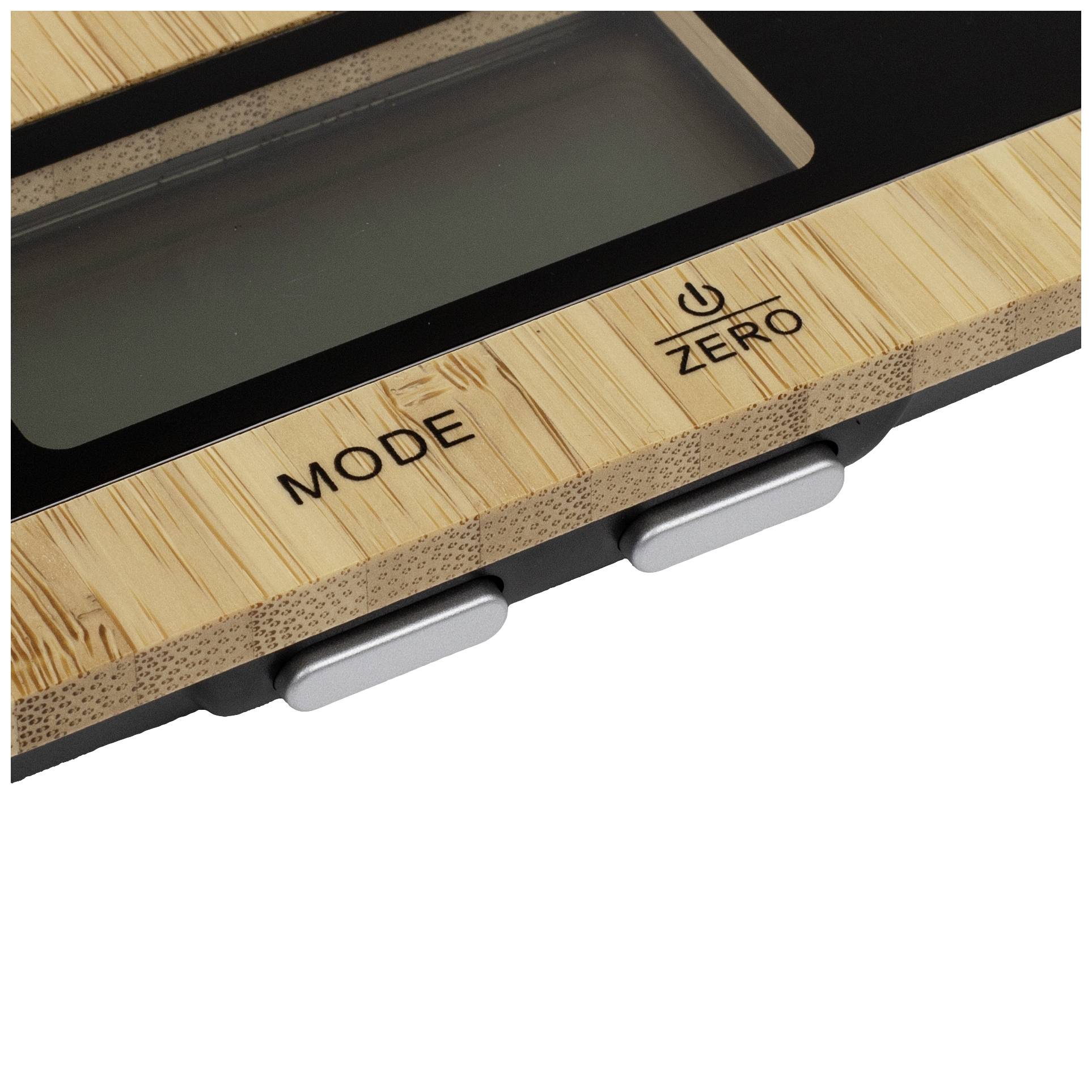 Digitale Küchenwaage mit Holzoberfläche, Anzeige und zwei Tasten: 'Mode' und 'Zero'.