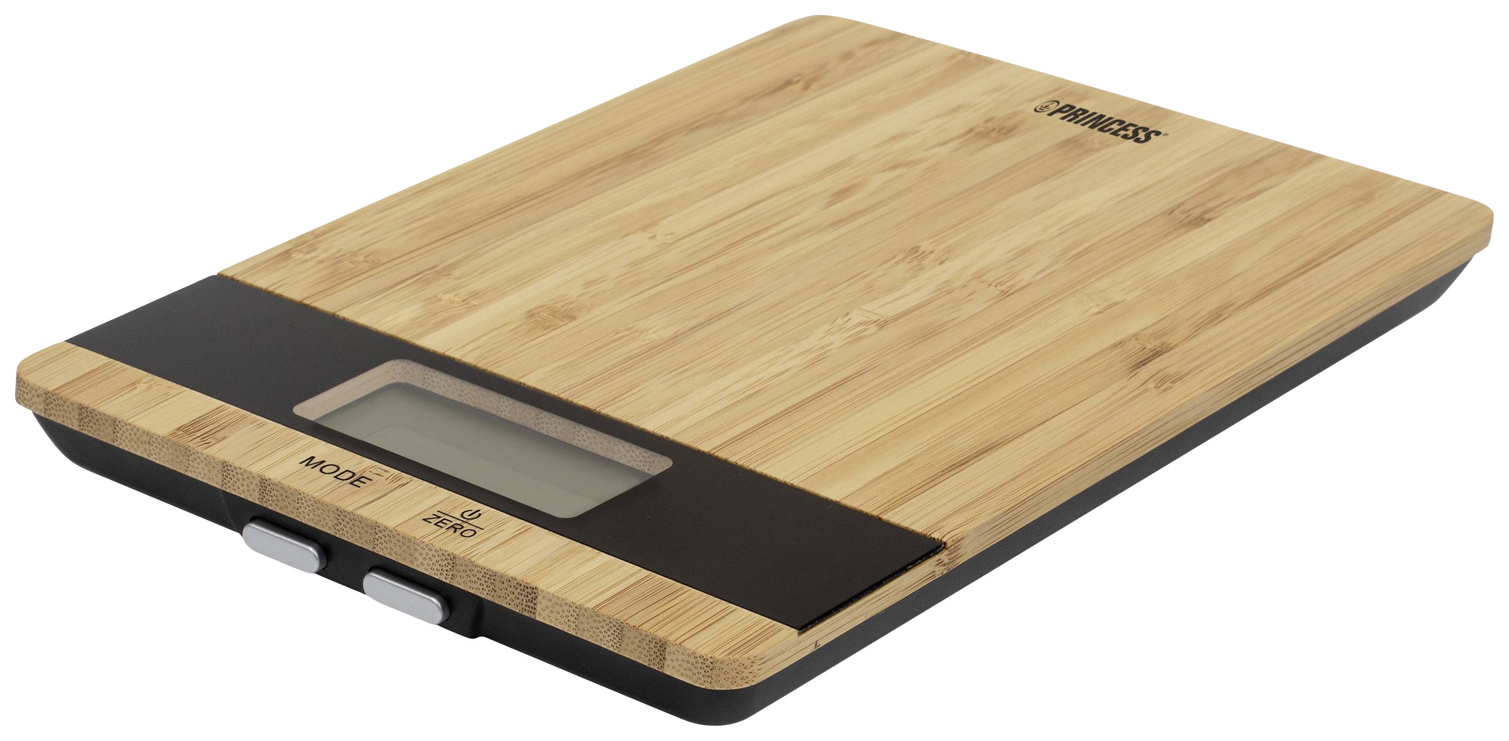 Digitale Küchenwaage aus Holz mit rechteckiger Form und Display. Geeignet zum genauen Wiegen von Zutaten in der Küche.