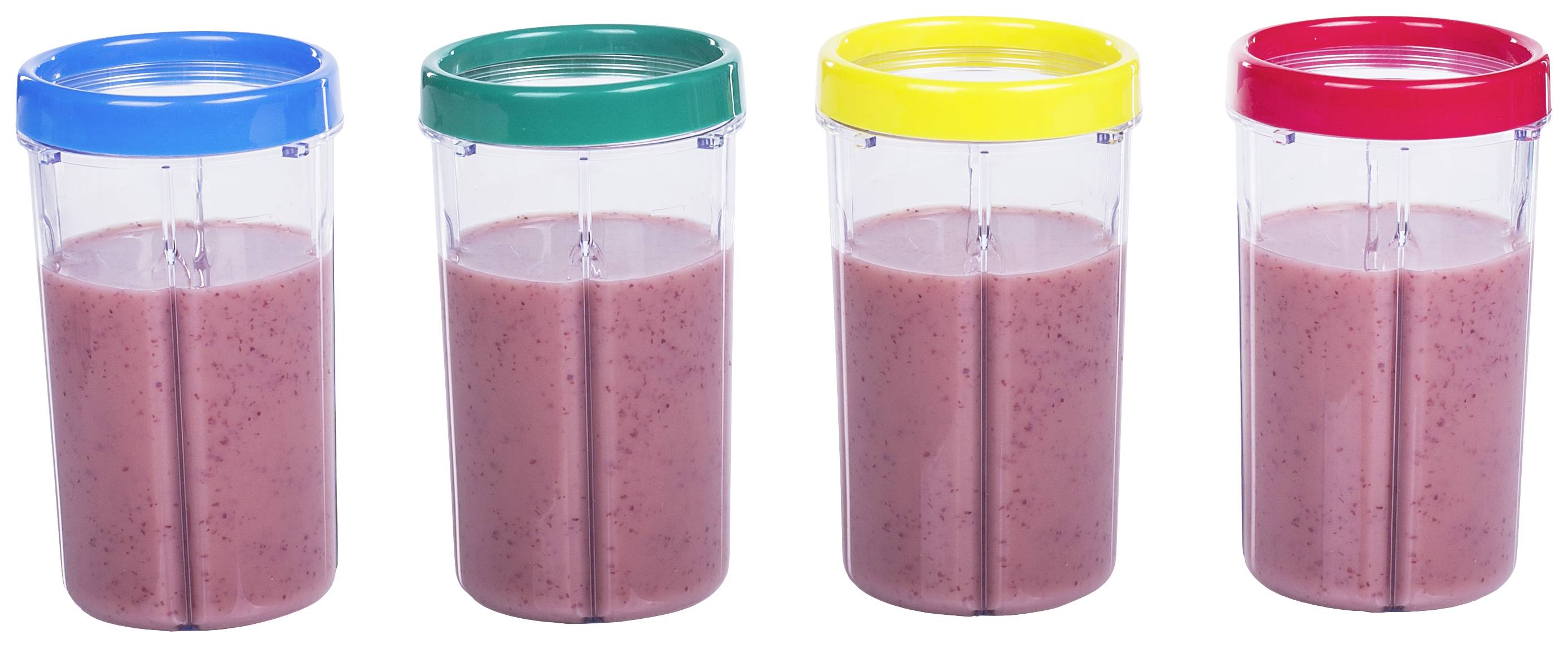 Vier durchsichtige Becher mit roten Smoothies, jeweils abgedeckt mit einem blauen, grünen, gelben und roten Deckel.