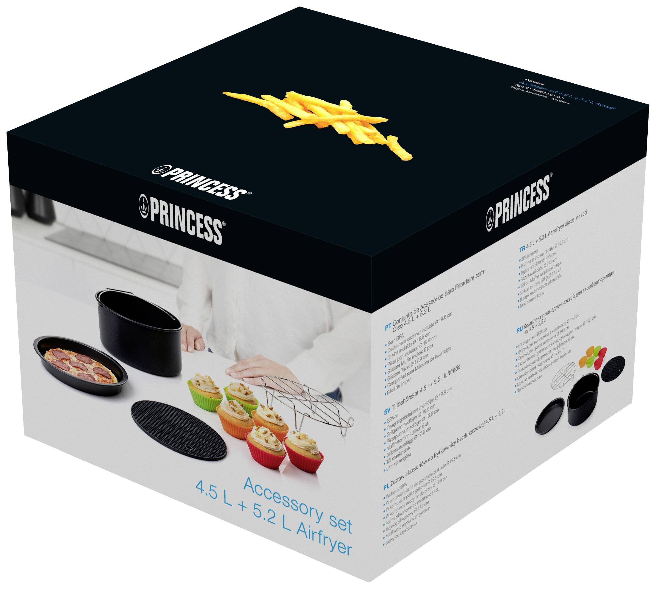 Verpackung des Princess Airfryer-Zubehörsets mit 4,5 L und 5,2 L Inhalt. Abgebildet sind eine Backform, Grillrost, Silikonmatte und Pommes frites.
