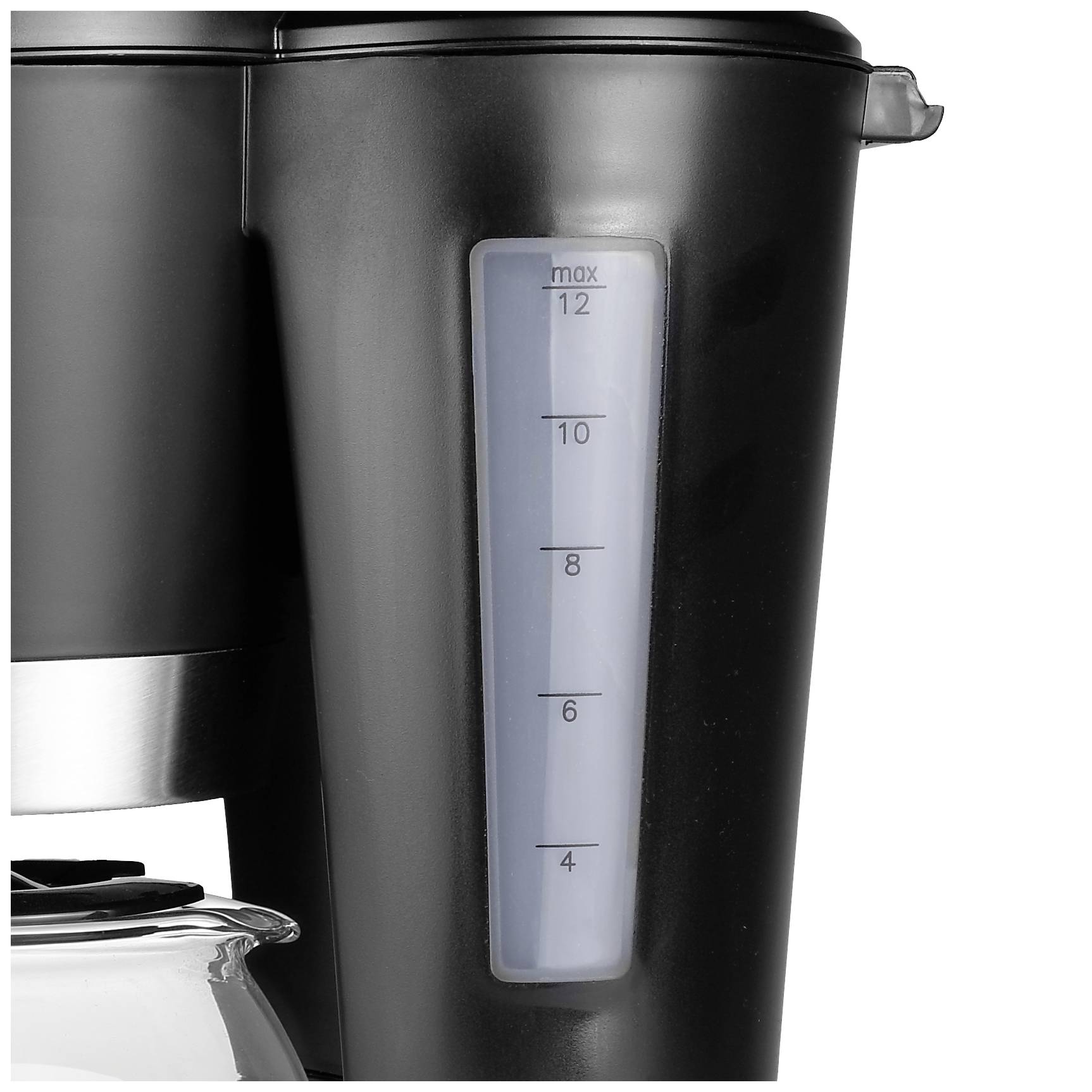 Nahaufnahme eines schwarzen Wasserkochers mit einem transparenten Wasserstandsanzeiger, der maximal 12 Tassen anzeigt.