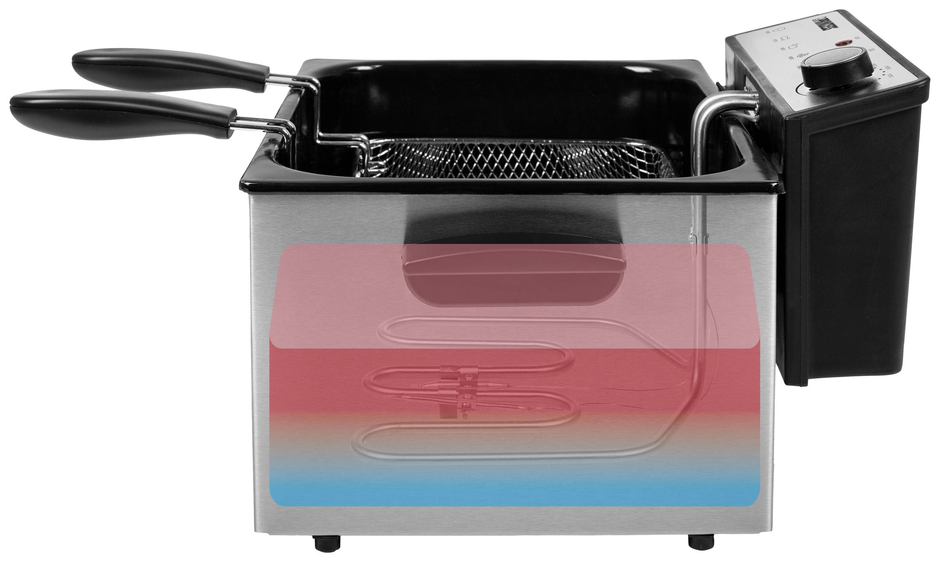 Eine elektrische Fritteuse mit transparentem Bereich zeigt die Heizspiralen im Inneren und den Temperaturregler an der Seite.