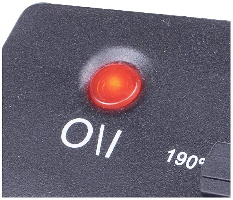 Roter, leuchtender An/Aus-Schalter auf schwarzem Hintergrund, Nahaufnahme.