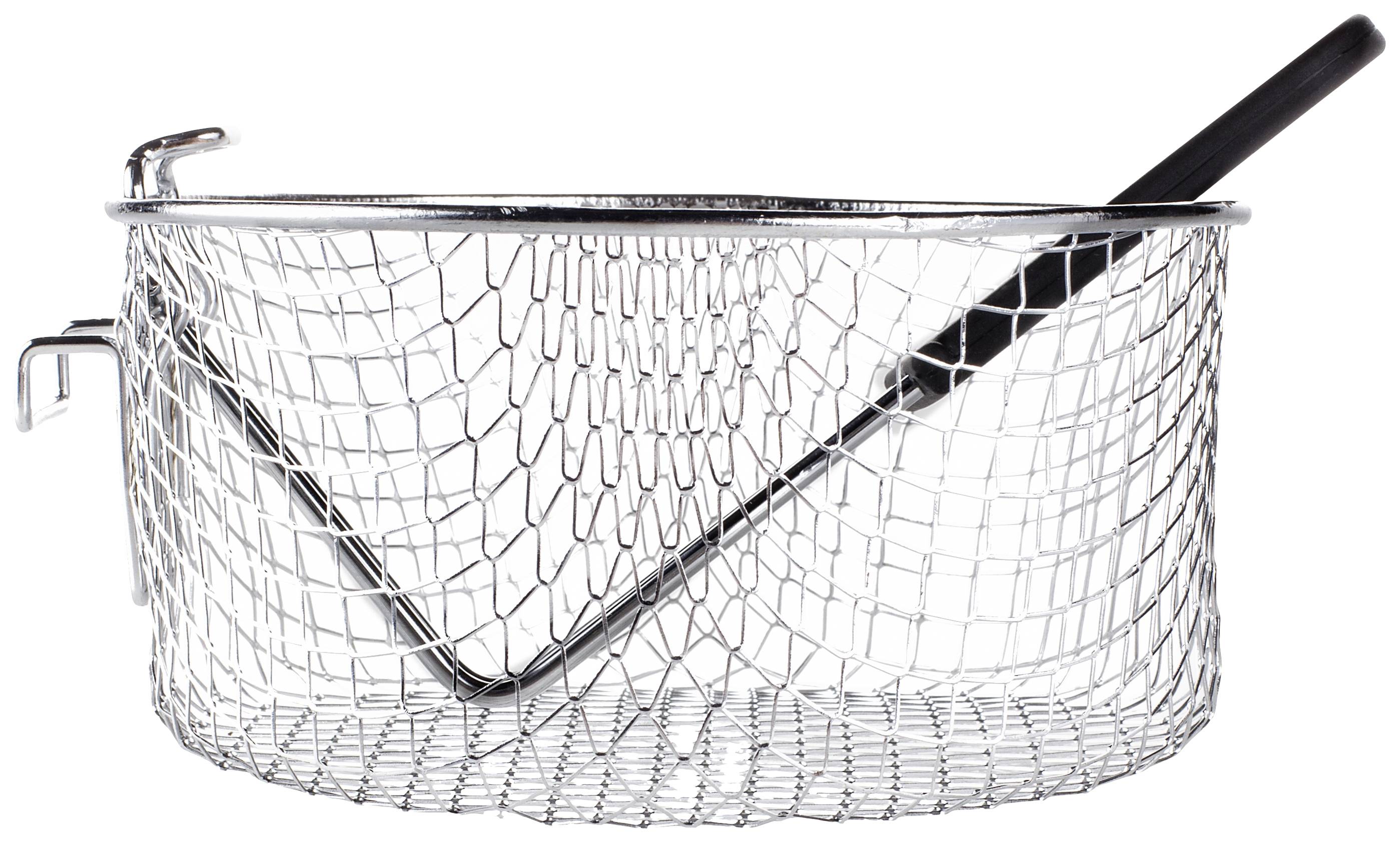 Ein leerer Metallkorb mit einem schwarzen Henkel an der Seite, geeignet zum Frittieren von Lebensmitteln in heißem Öl.