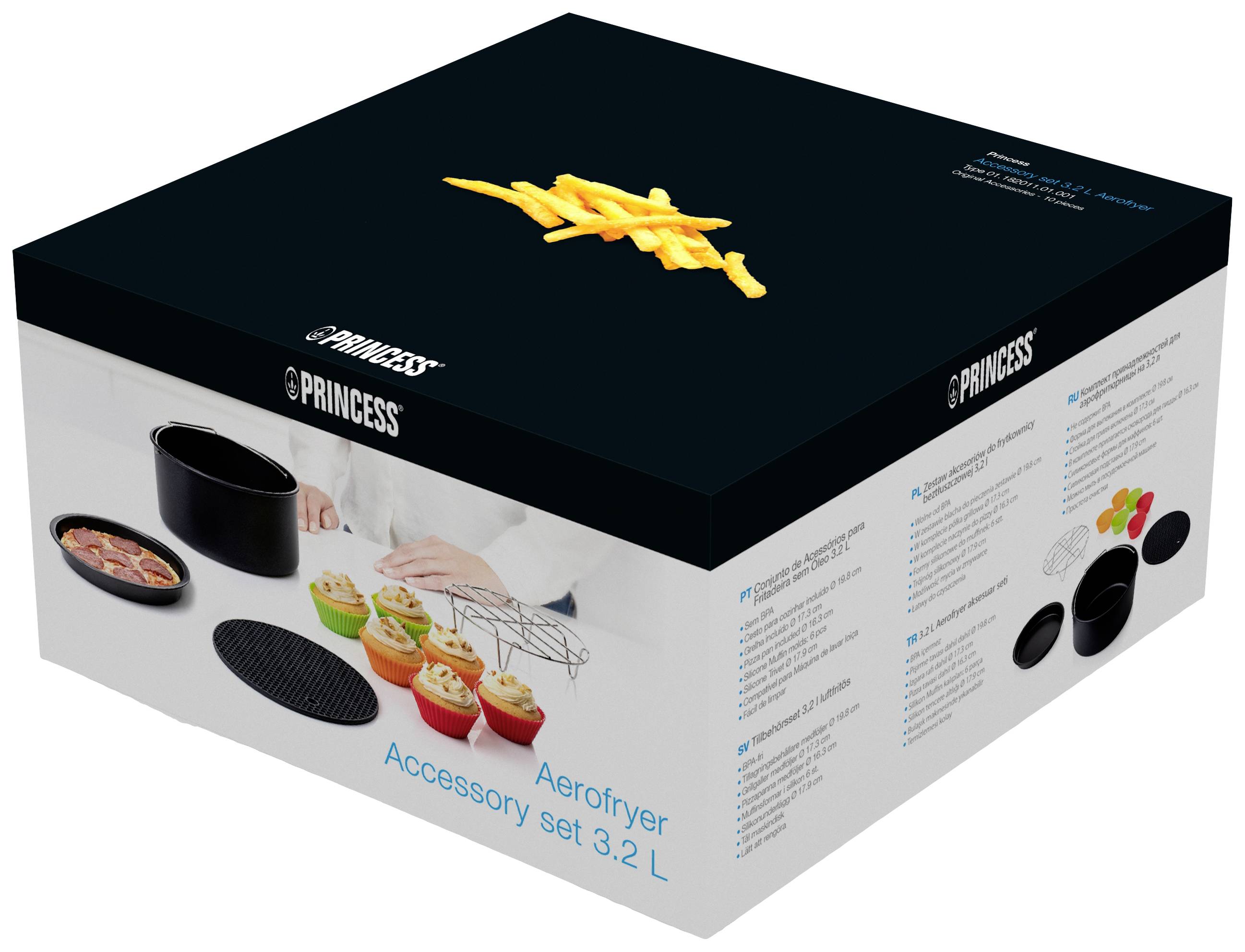 Schwarze Verpackung eines Aerofryer-Zubehörsatzes mit Abbildungen von Pommes, Backform, Silikonförmchen und Grillrost. Markenname 'Princess'.