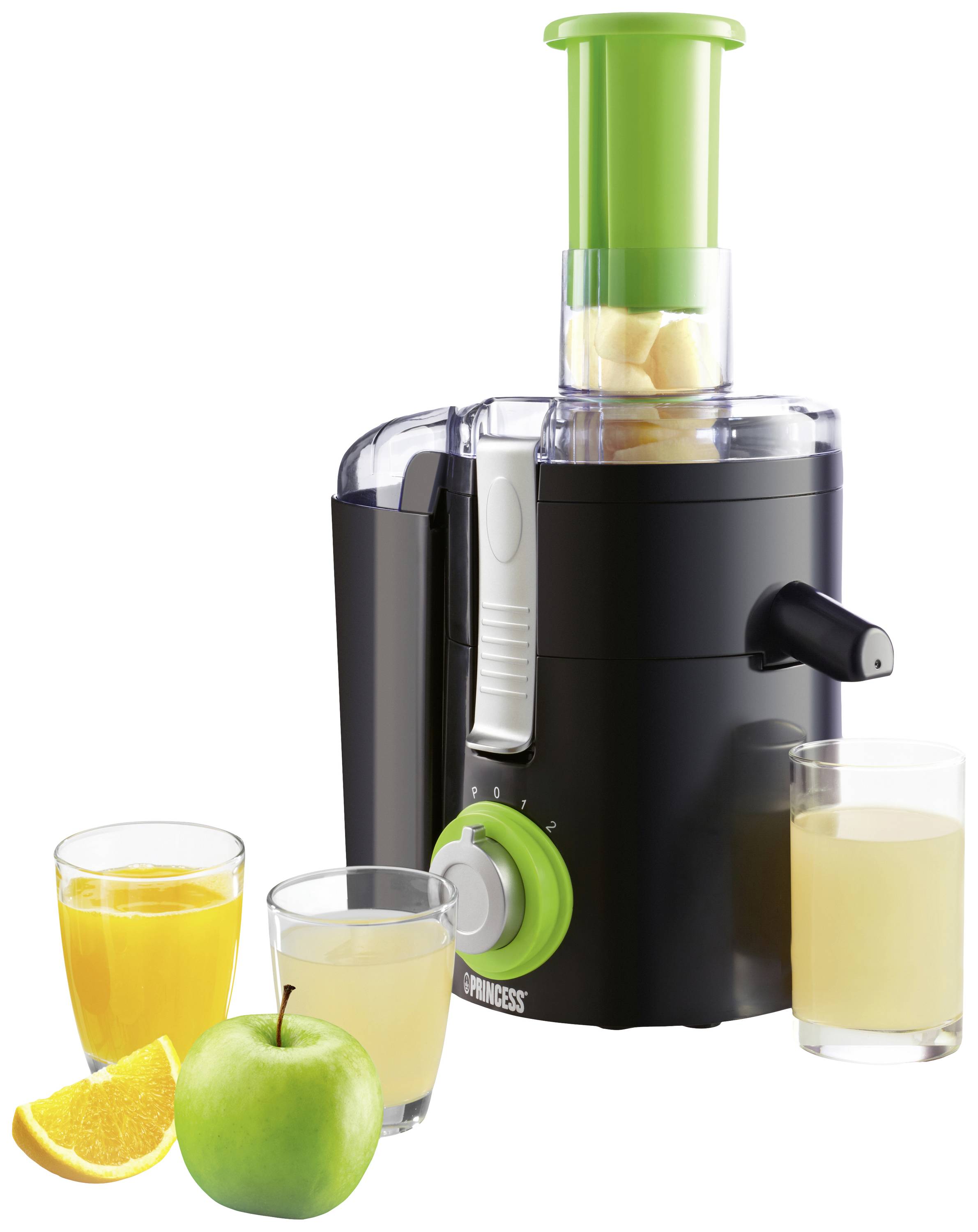 Entsafter mit drei Gläsern Saft, einem Apfel und einer halben Orange.