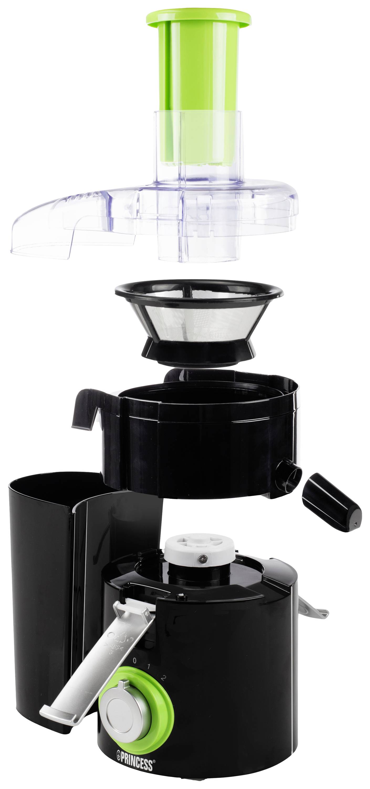 Explosionszeichnung eines schwarzen Entsafters mit grünen Akzenten. Teile: Deckel mit Einfüllstütze, Sieb, Saftbehälter und Basis mit Schalter.