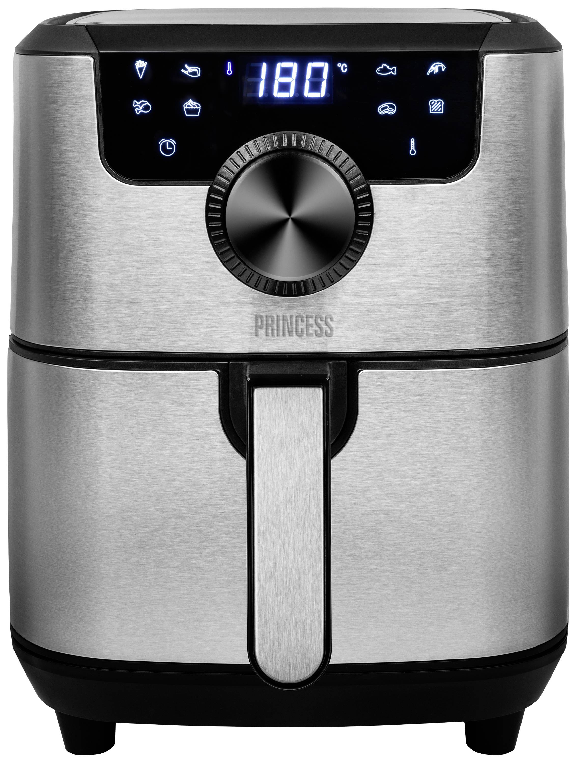 Luftfritteuse aus Edelstahl mit digitaler Anzeige und Bedienelementen, zeigt Temperatur von 180 Grad Celsius an.