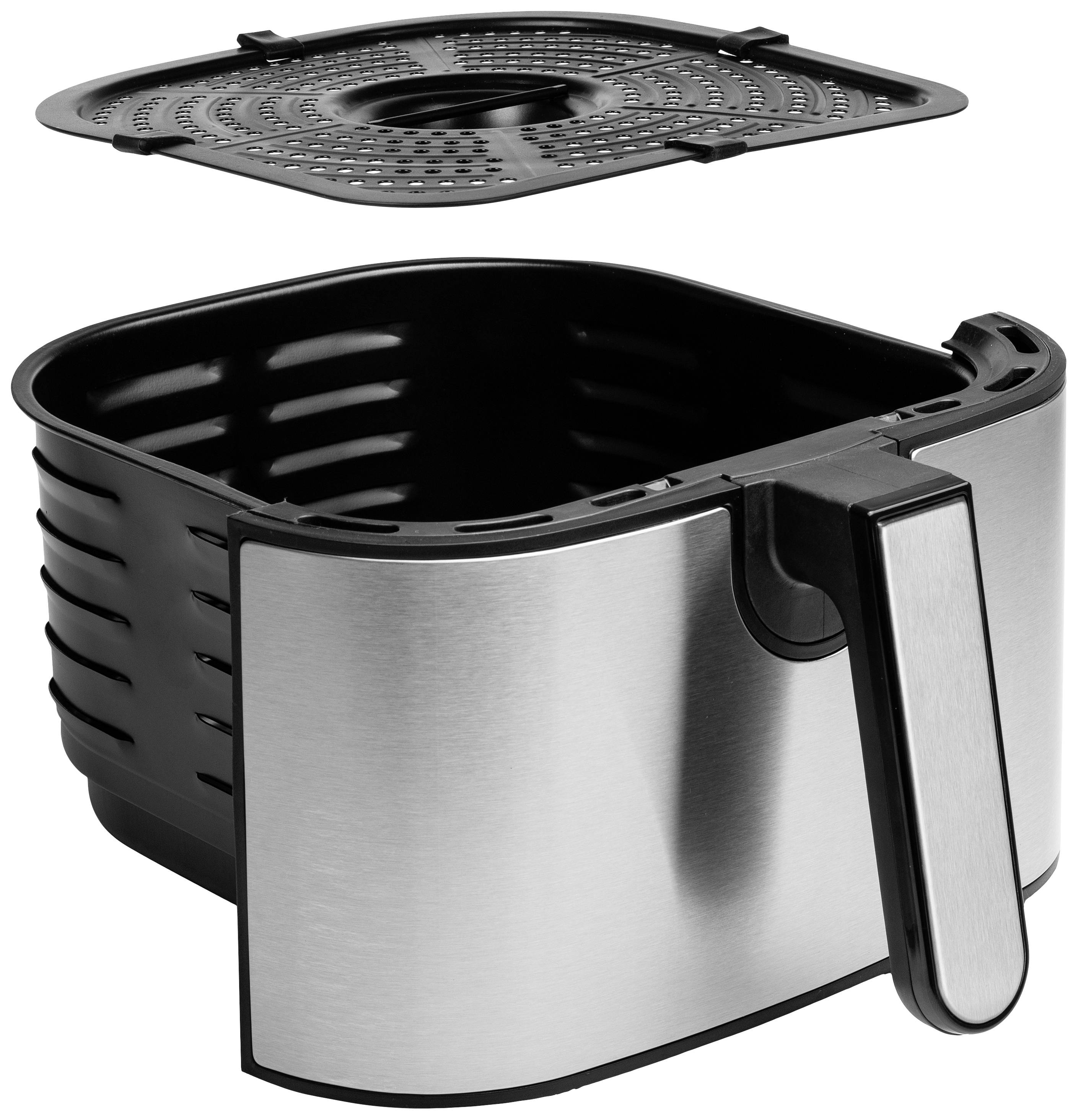 Eine silberne Heißluftfritteuse mit herausziehbarem Korb und abnehmbarem Deckel, geeignet zum fettarmen Frittieren von Lebensmitteln.