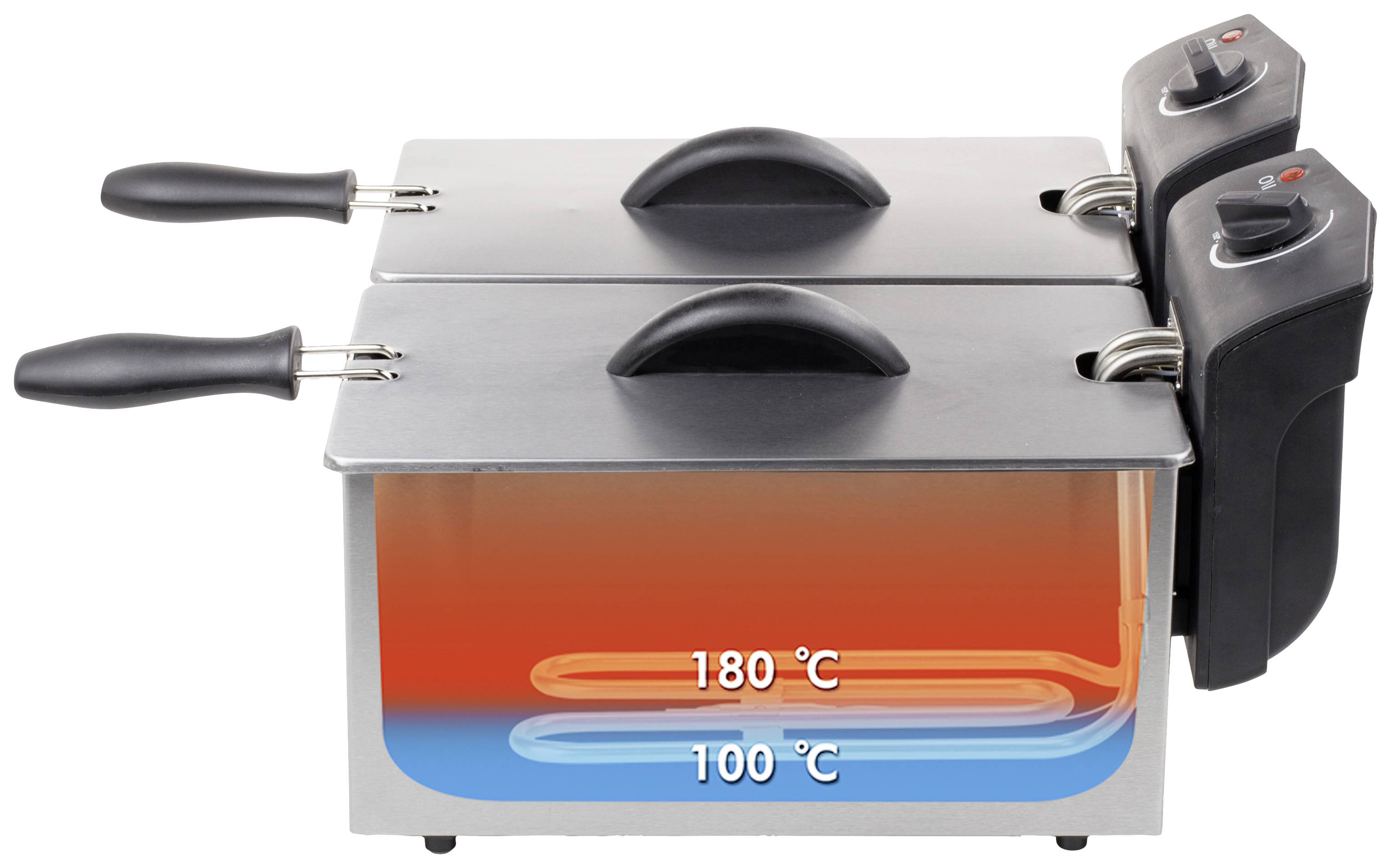 Zwei Edelstahl-Fritteusen mit Temperaturanzeige auf der Vorderseite: oben 180 °C, unten 100 °C. Zeigt Temperaturverteilung im Öl.