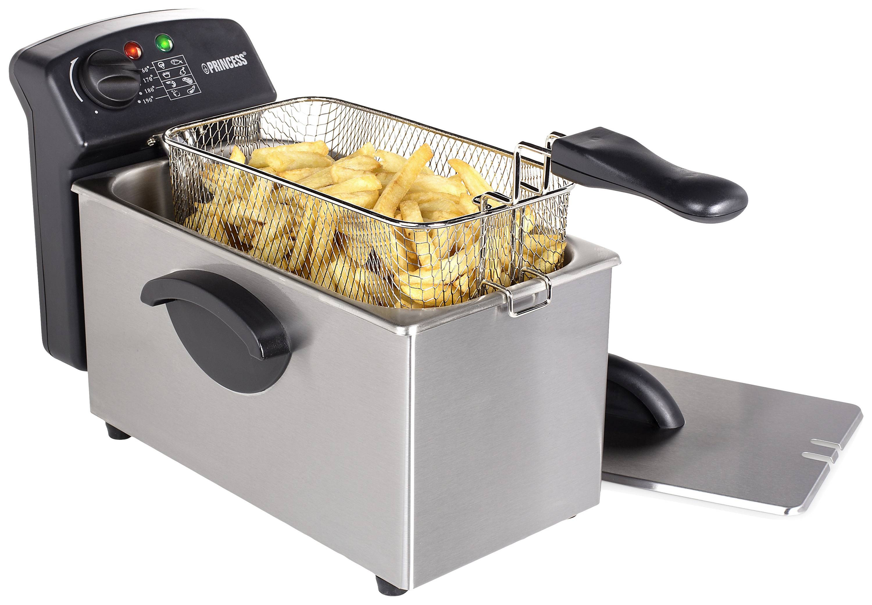 Eine Edelstahl-Fritteuse mit einem Korb voller frisch frittierter Pommes frites.