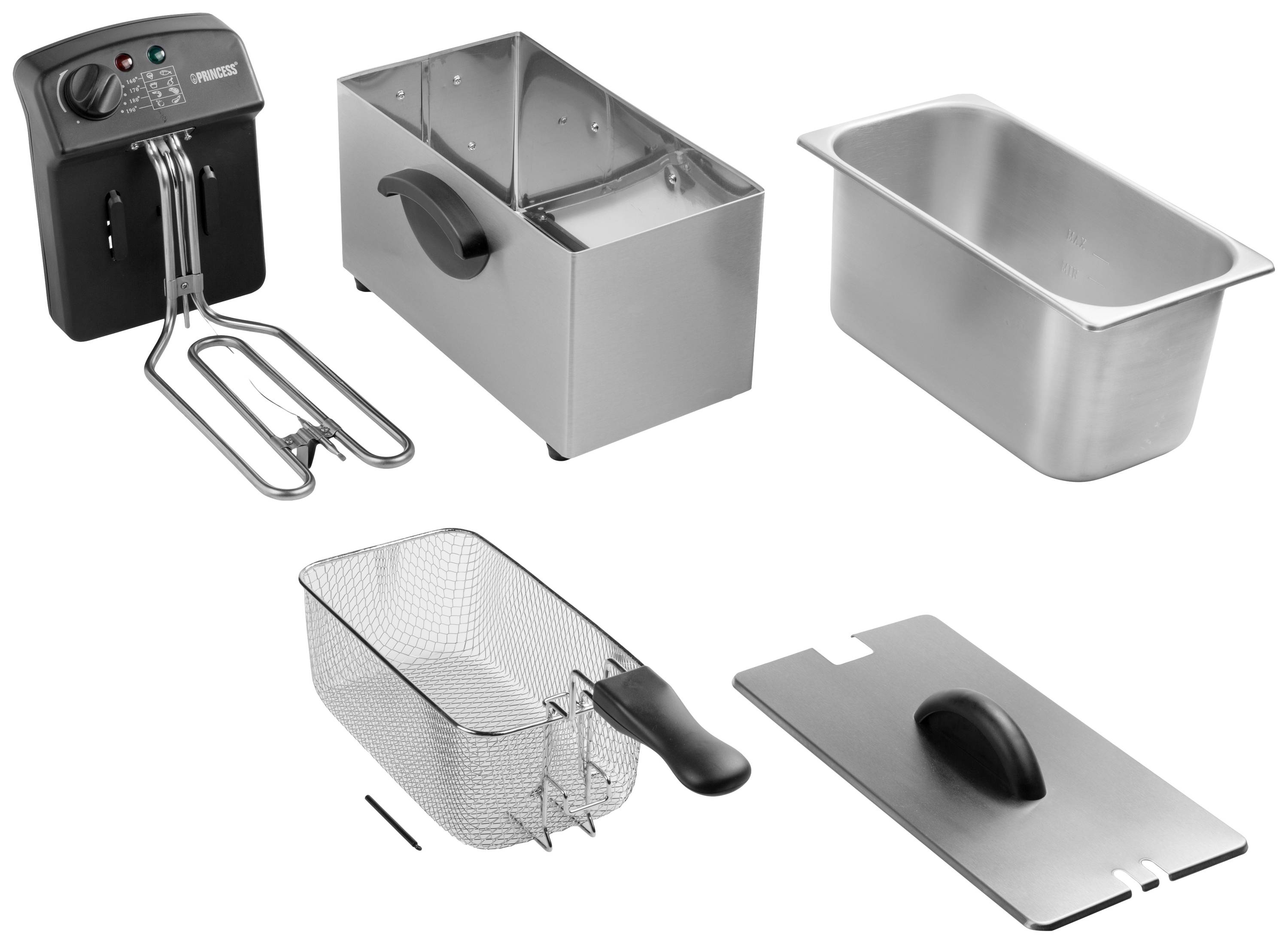 Ein zerlegbarer Fritteusen-Set: Heizgerät mit Temperaturanzeige, Edelstahlbehälter, Frittierkorb mit Griff und Deckel. Ideal für die Zubereitung von frittierten Speisen.