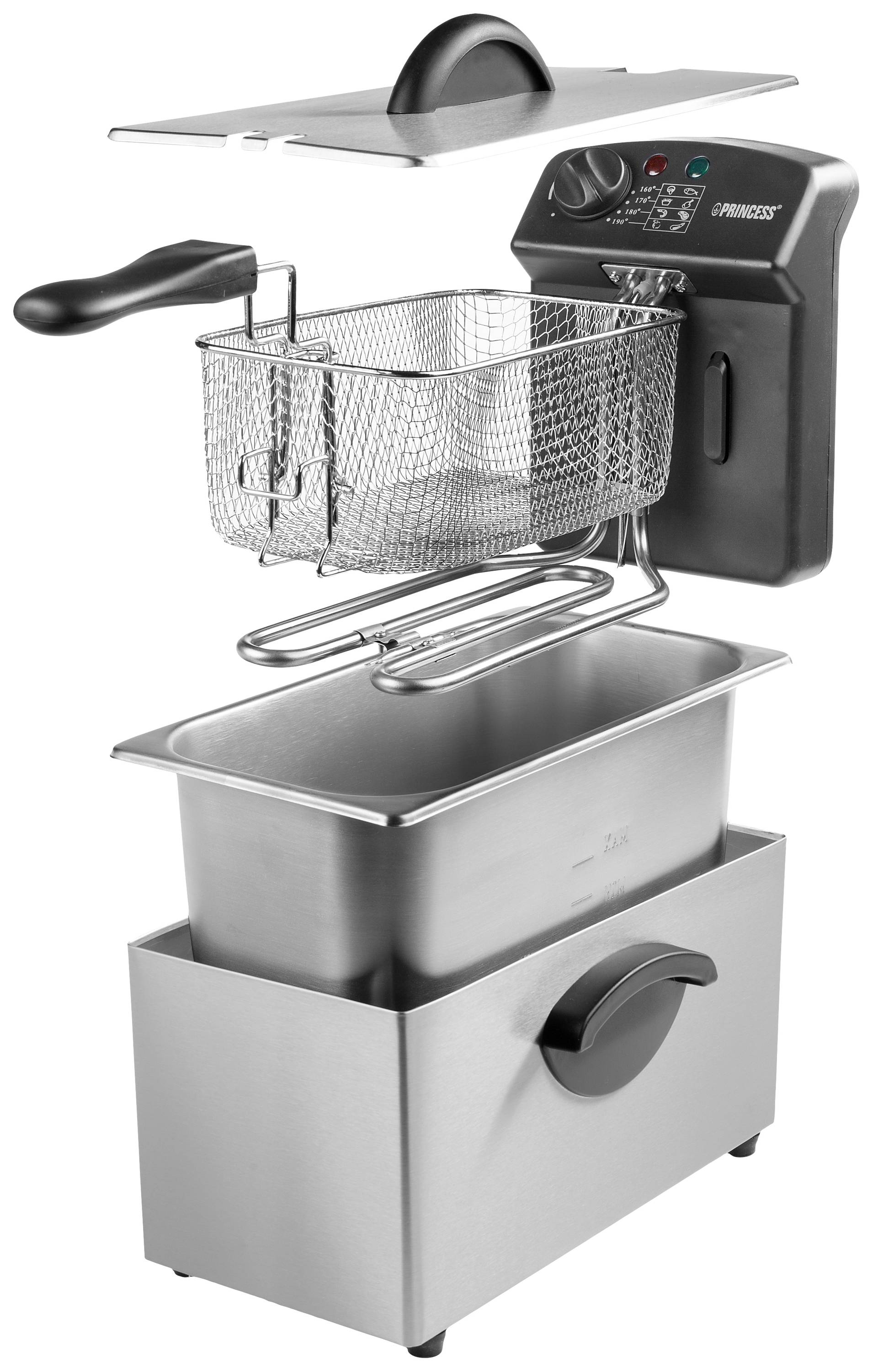 Fritteuse mit herausnehmbarem Edelstahlkorb, Heizspirale und abnehmbarem Deckel. Enthält Bedienelemente und Kontrollleuchten.