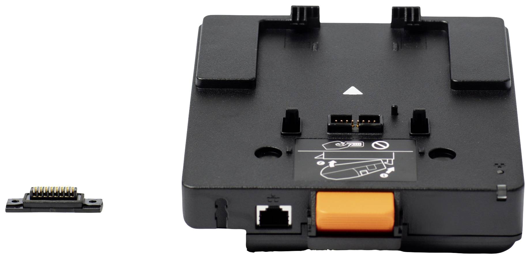 Ein schwarzer Druckeradapter mit orangenem Knopf und Anschlüssen, neben einem kleinen Stecker, vor einem weißen Hintergrund.