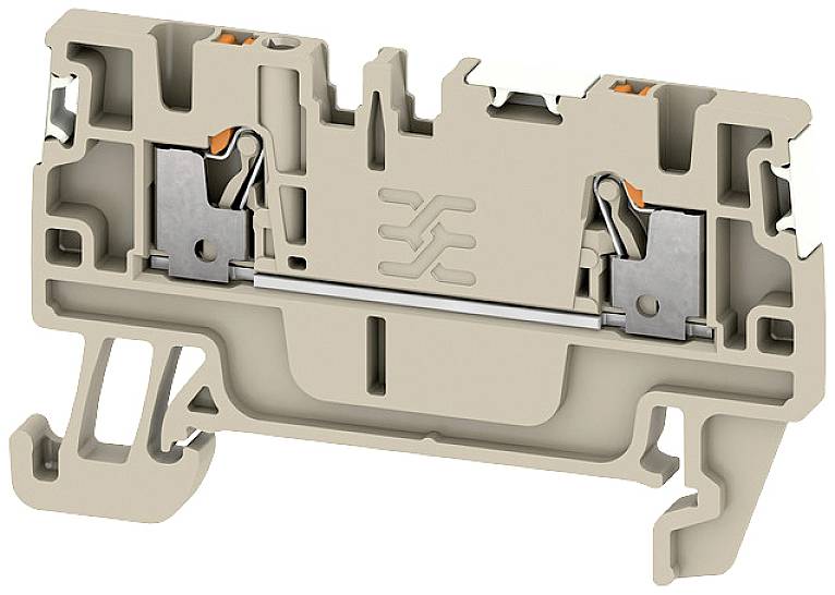 Eine graue Kunststoff-Reihenklemme mit Metalldetails zur Kabelverbindung in elektrischen Schaltschränken. Draufsicht auf die internen Metallkontakte.