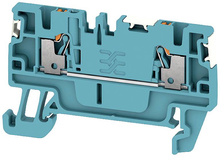 Ein türkisfarbener Reihenklemmblock aus Kunststoff mit Metallkomponenten zur elektrischen Verbindung von Leitern.
