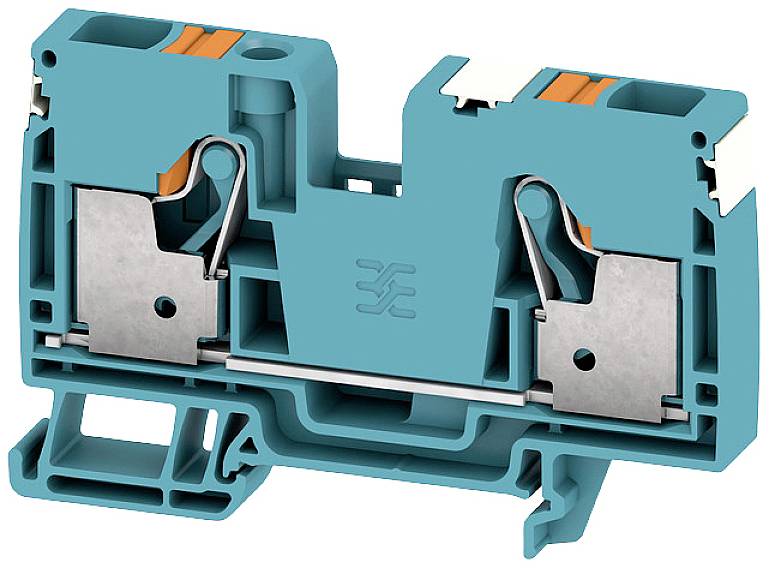 Türkise Klemmleiste mit Metallkontakten und zwei Klemmhebeln. Benutzer zum sicheren Verbinden von elektrischen Leitungen.