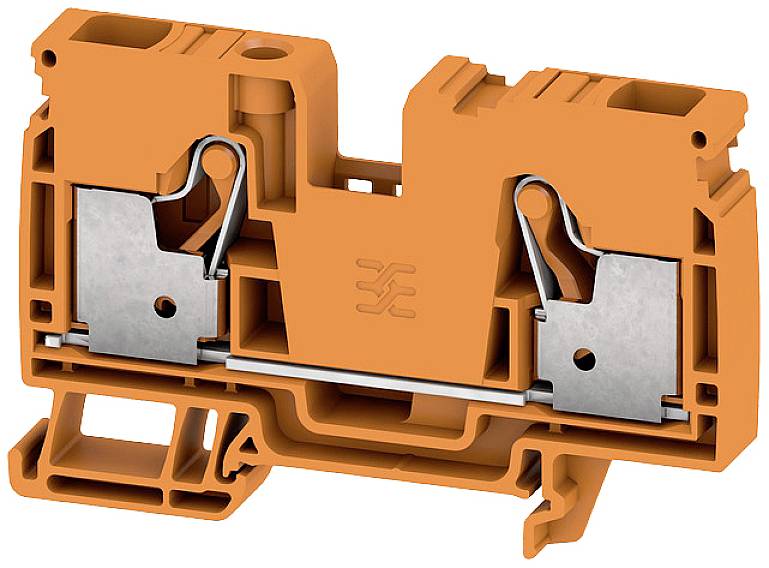 Eine orangefarbene Reihenklemme mit zwei Metallklemmen zur Befestigung von Leitern, montierbar auf einer Hutschiene.