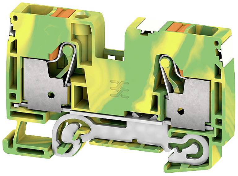 Grün-gelb gestreifte Klemmenblock-Abdeckung mit Metallkomponenten für elektrische Verbindungen und Isolierung.