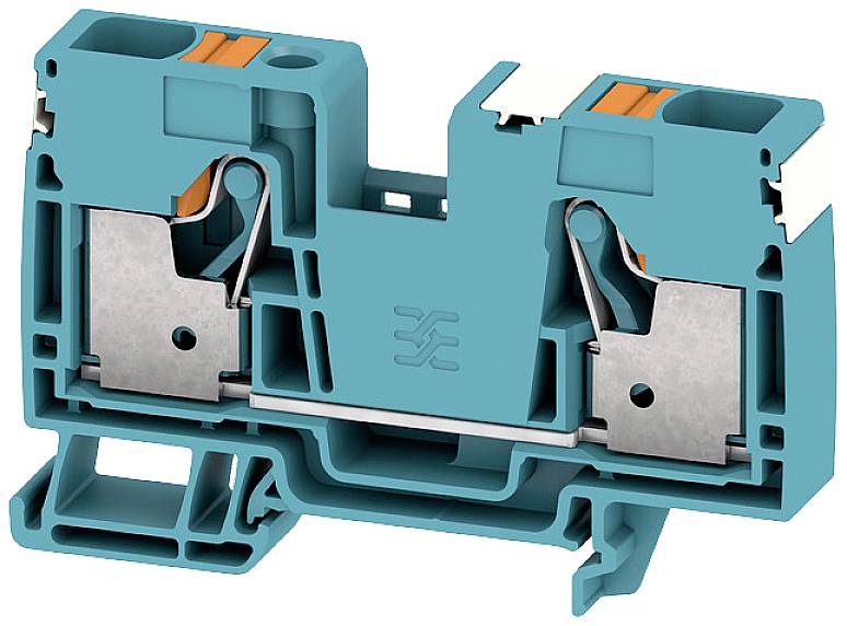 Elektrische Klemme in türkis mit Metallteilen, geeignet für Verdrahtungsanwendungen; zeigt zwei Klemmpunkte und Öffnungen.