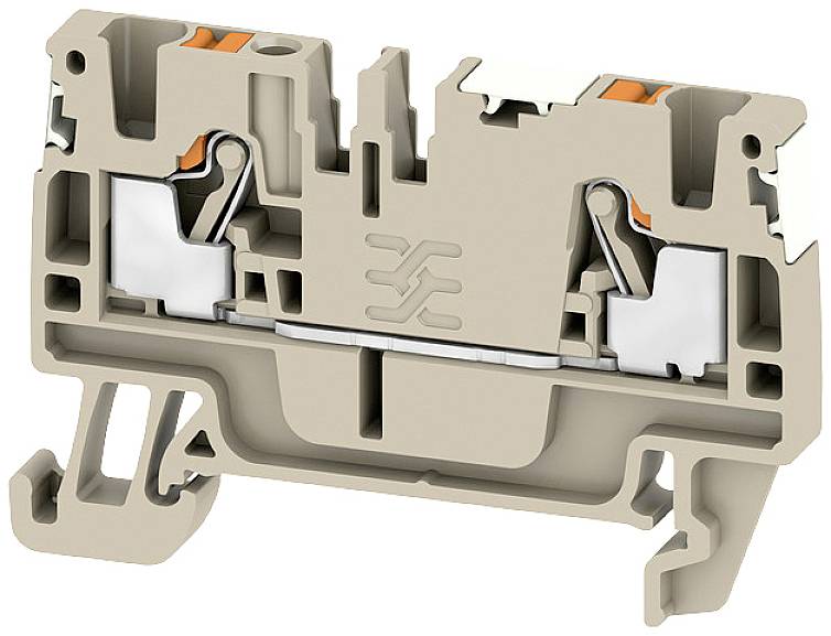 Ein brauner elektrischer Klemmenblock mit mehreren Verbindungspunkten und silbernen Metallklammern, verwendet zur Kabelverbindung.
