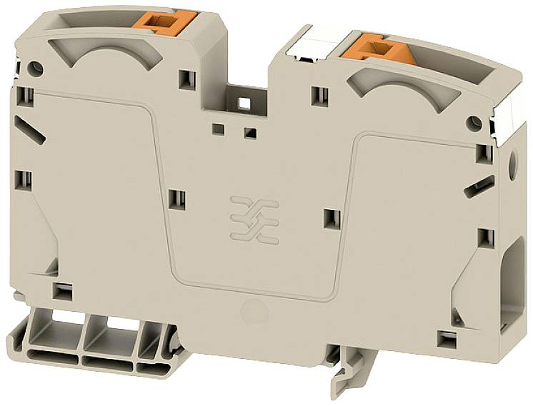 Klemmenblockgehäuse in Beige mit orangen Einführungen, seitliche Schlitze für Kabelhalterung.