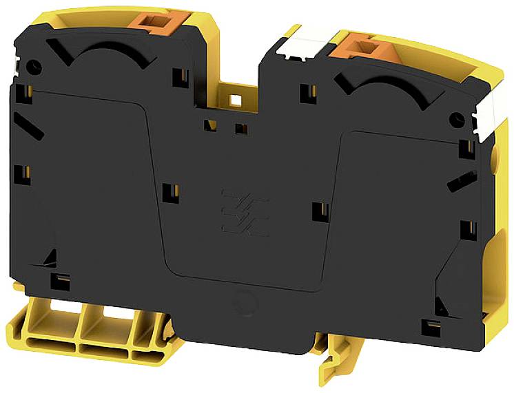 Schwarz-gelbes elektrisches Terminalblock-Gehäuse aus Kunststoff mit mehreren Anschlüssen und mechanischen Befestigungen.