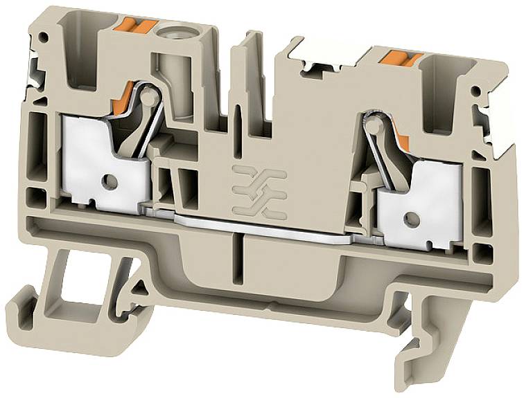 Ein zweiteiliger, teils metallischer und teils aus Kunststoff bestehender, beige Klemmverbinder mit zwei Drahtanschlusspunkten.