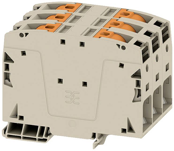 Dreipoliger elektrischer Steckverbinder, beige, mit orangen Hebeln für die einfache Verbindung von Kabeln in elektrischen Schaltkästen.