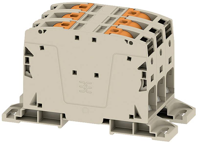Mehrpoliger, modularer elektrischer Anschlussblock, beige, mit orangen Anschlussklemmen.